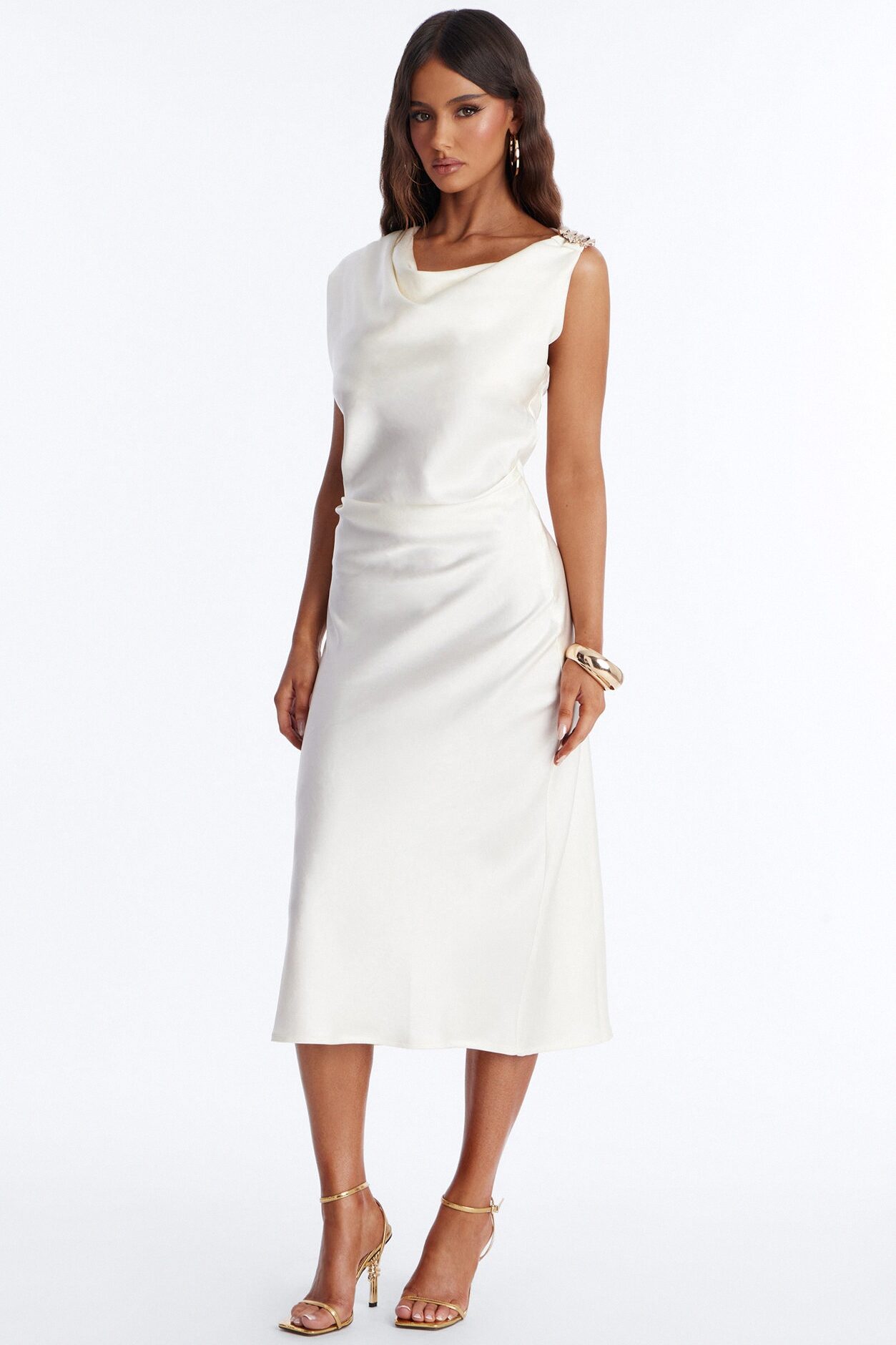 Jazlyn Ruched Satin Midi Dress - White