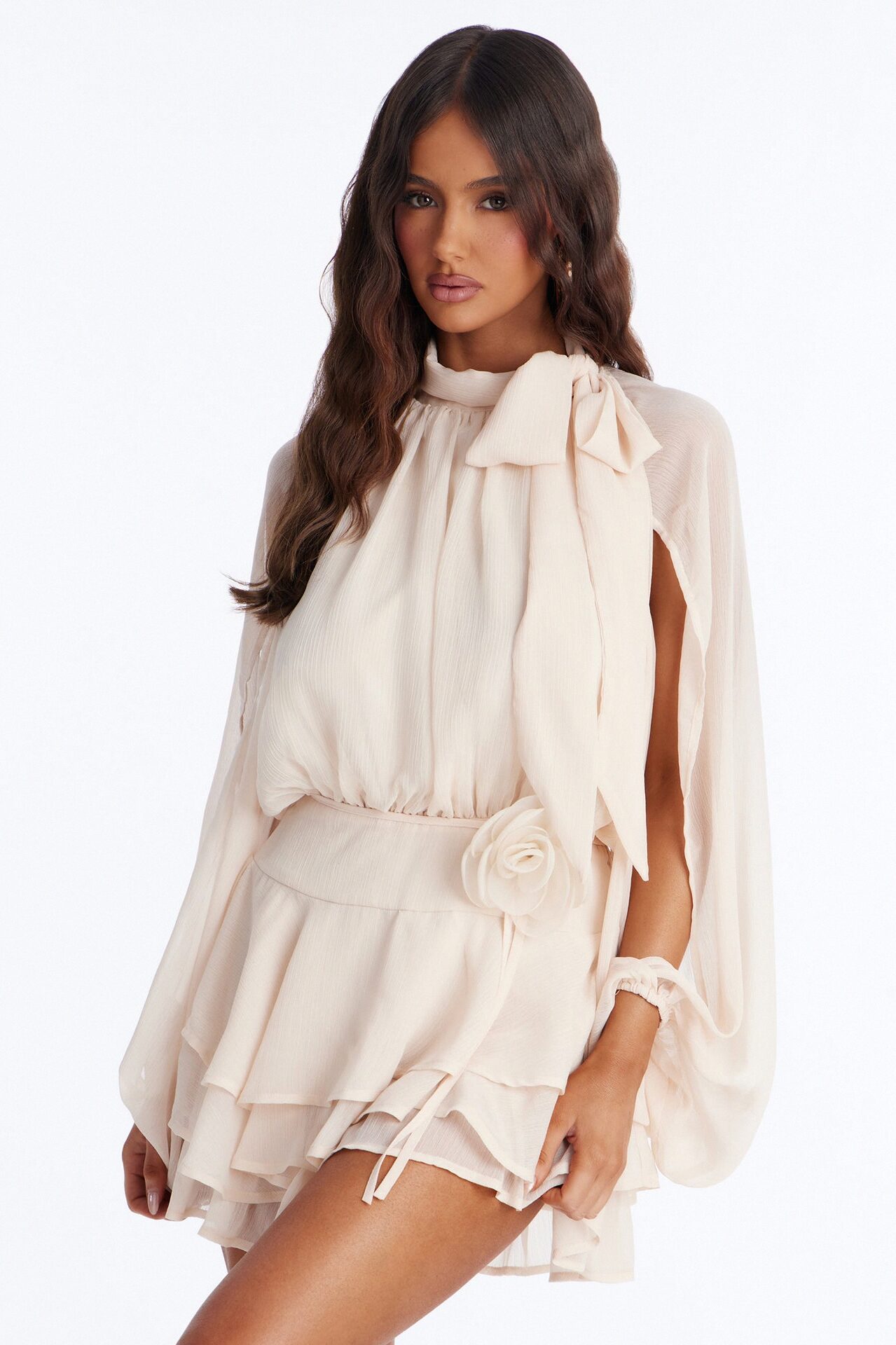 Genevieve Chiffon Ruffle Romper - Peach