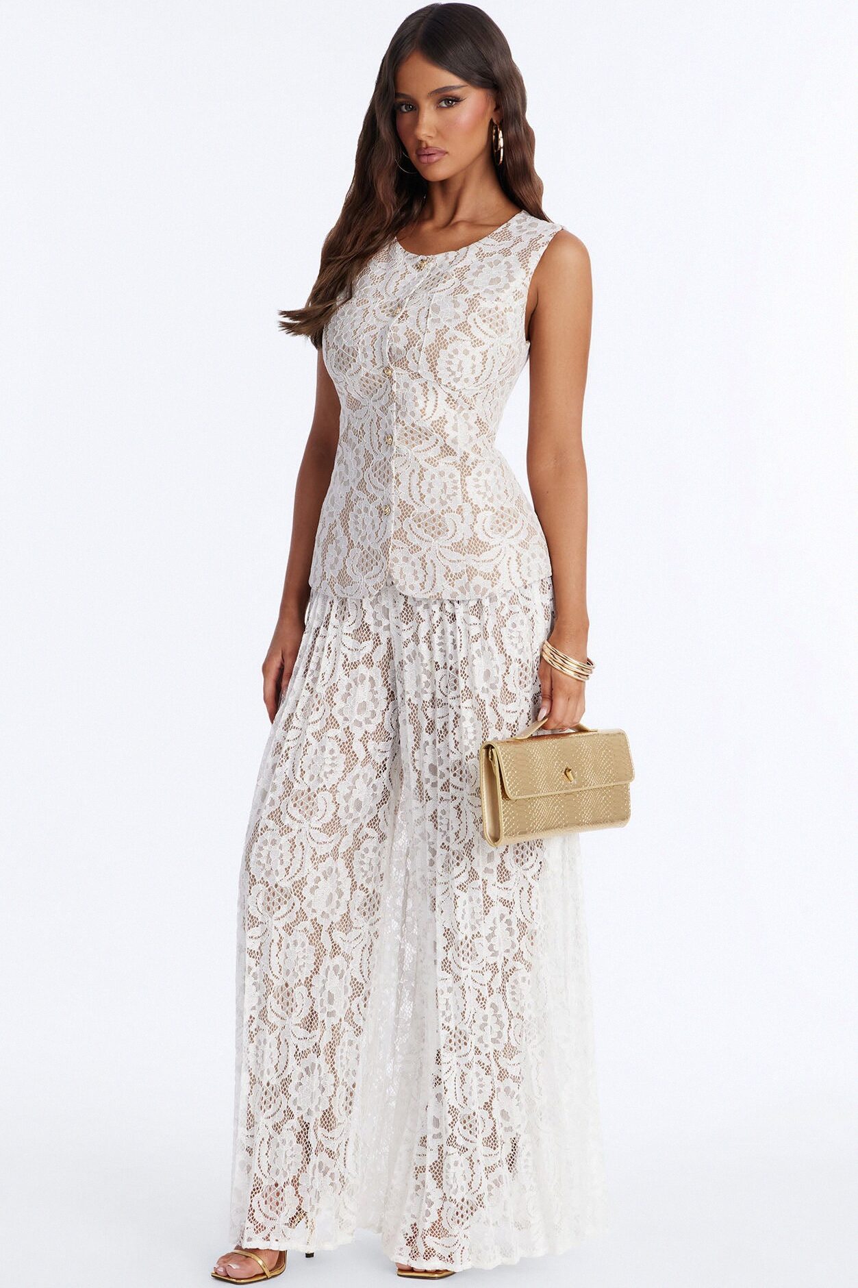 London Lace Vest Pleated Pant Set - Ivory