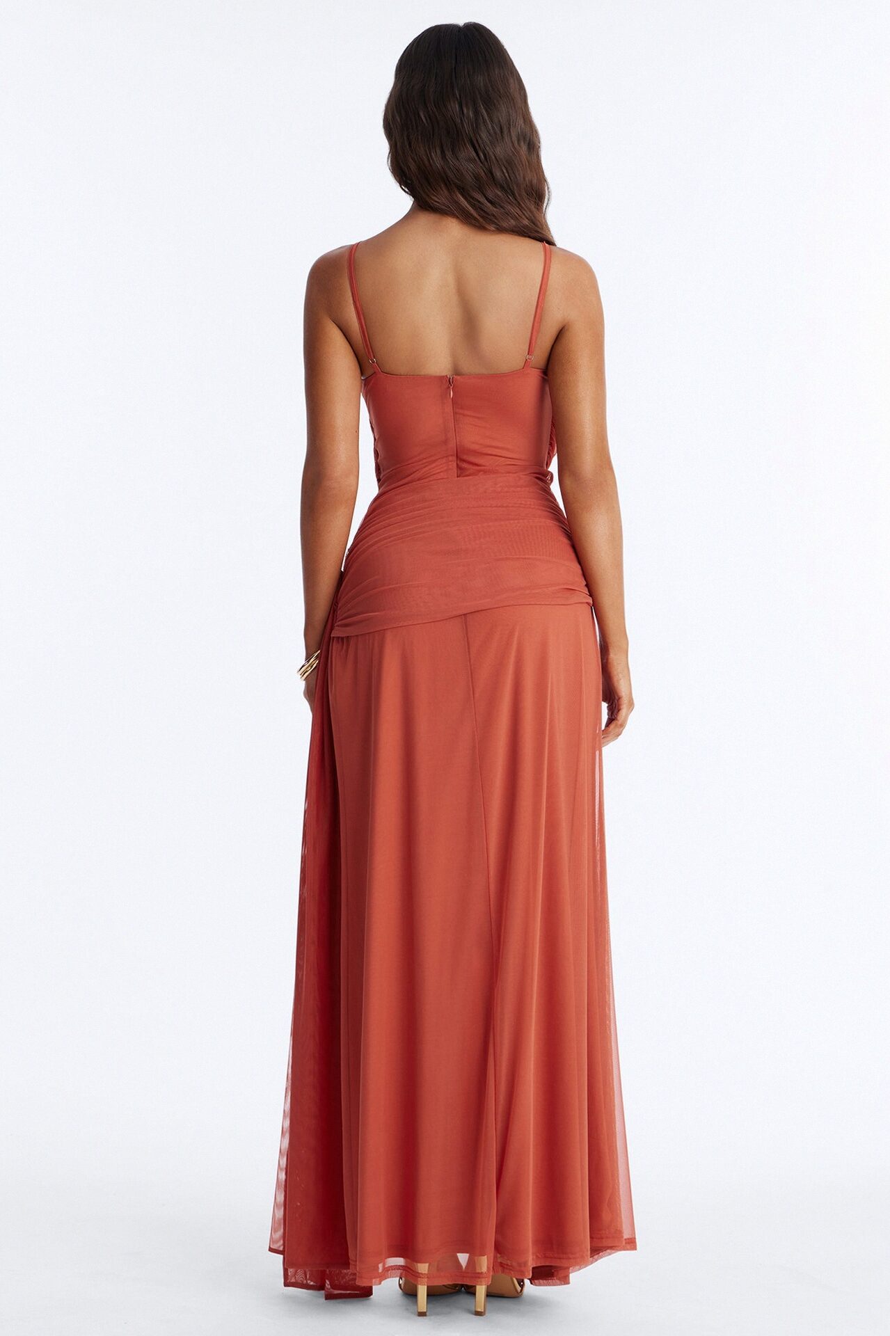 Erin Ruched Mesh Maxi Dress - Marsala
