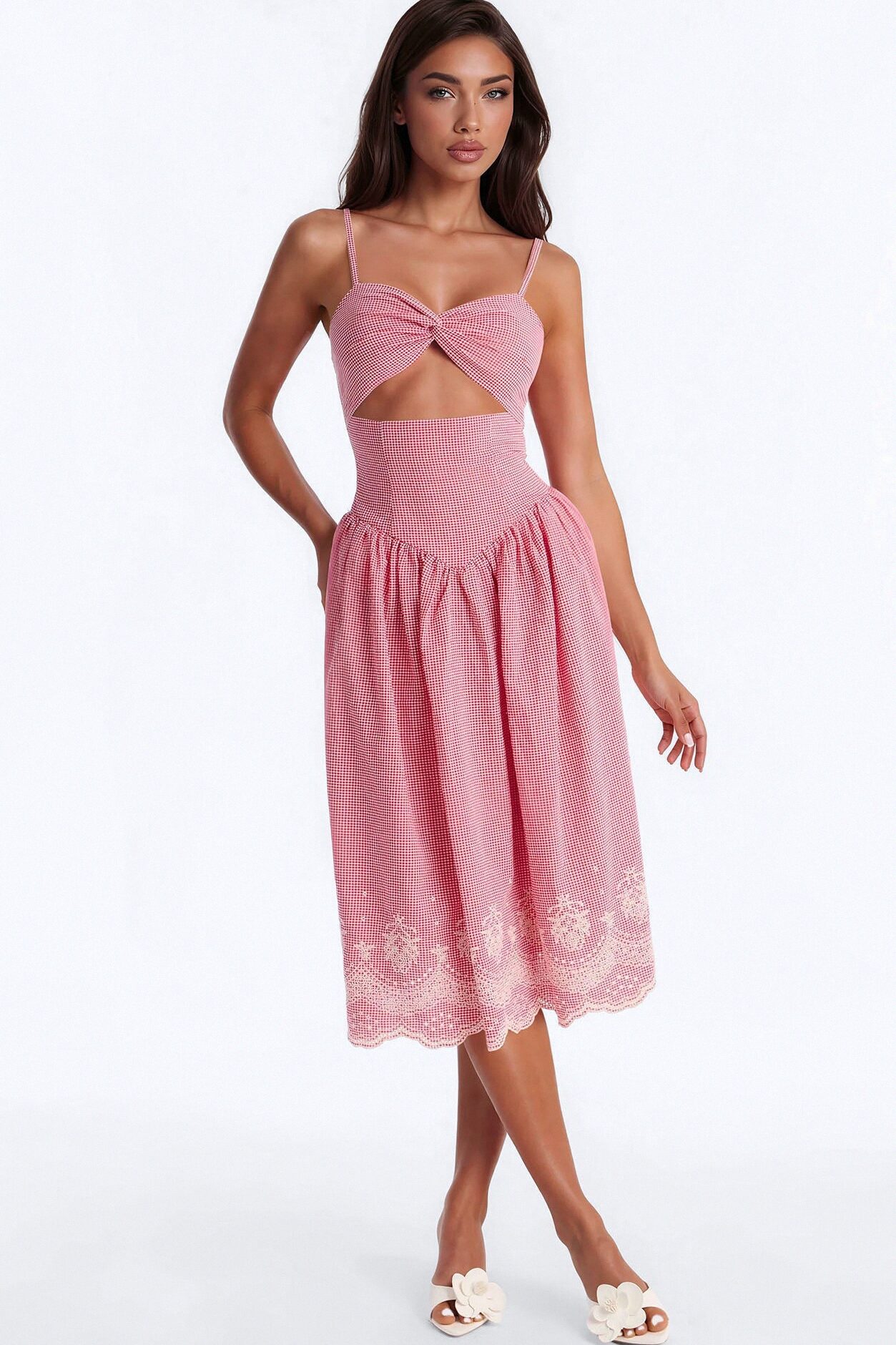 Zella Pleated Gingham Embroidery Midi Dress - Red