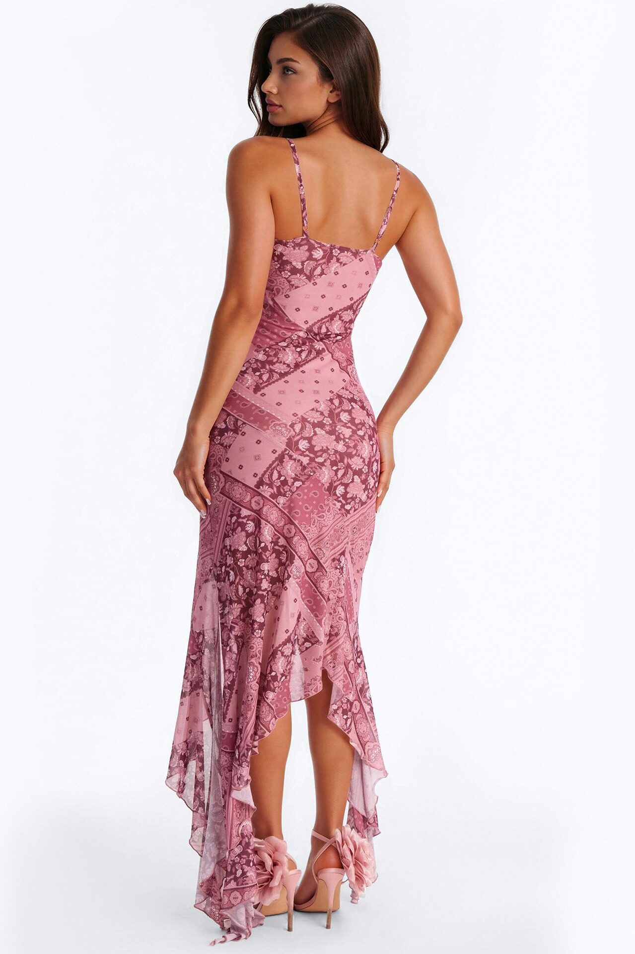 Harper Patchwork Mesh Midi Dress - Burgundy