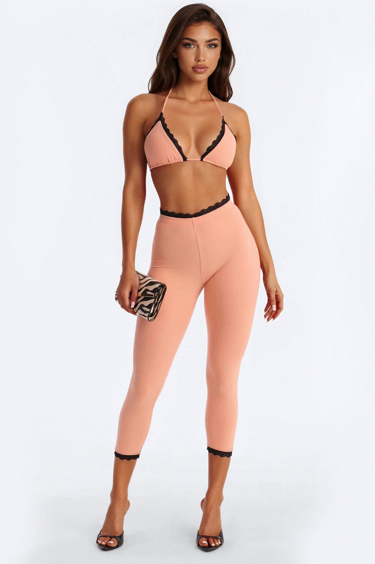 Your's Truly Laced Ribbed Capri Set - Coral