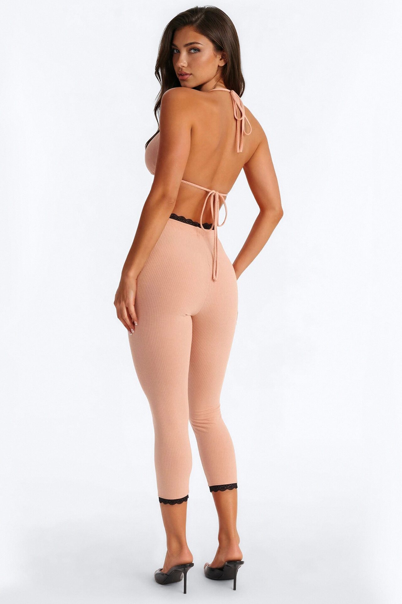 Your's Truly Laced Ribbed Capri Set - Coral