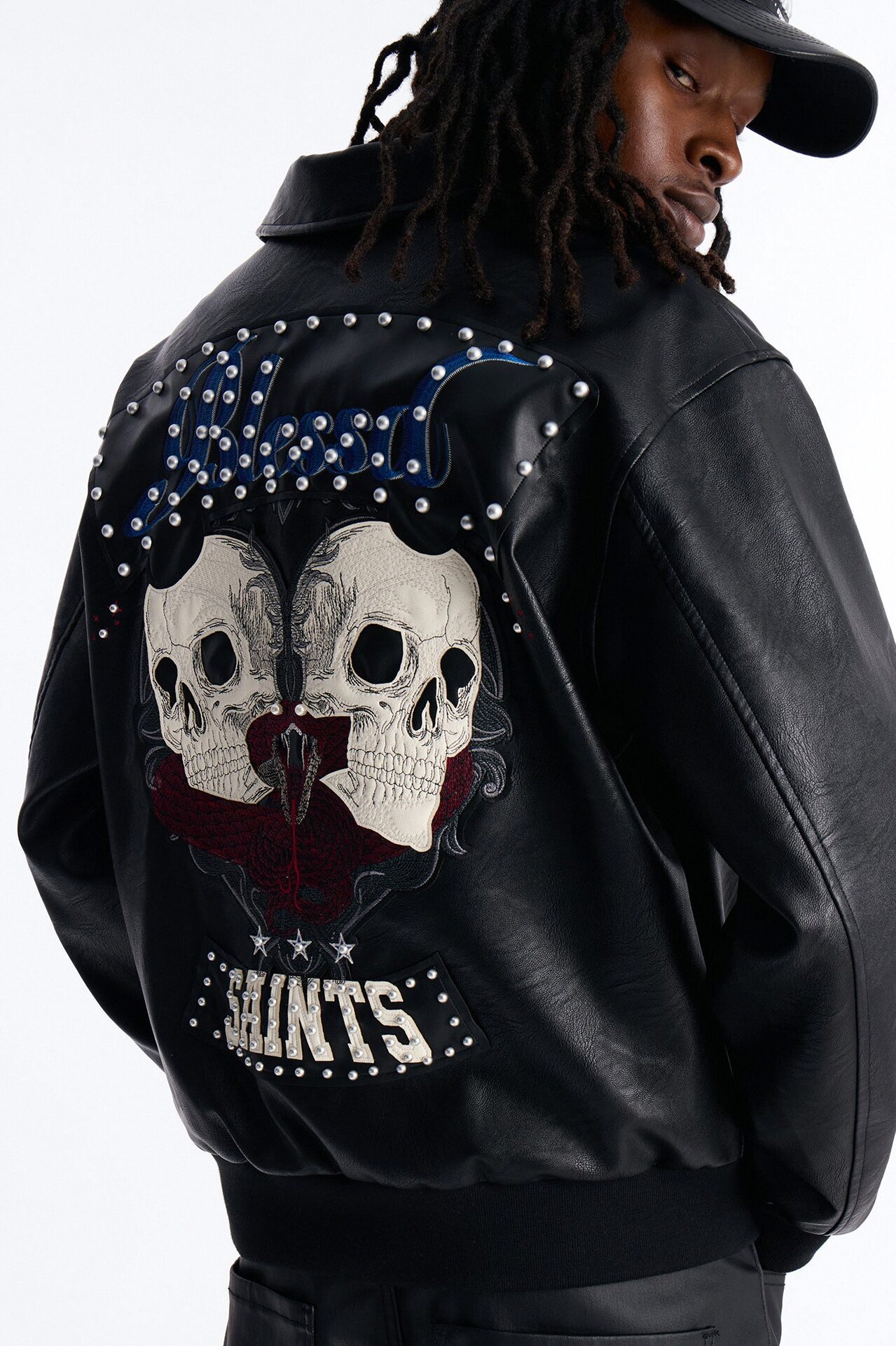 Crimson Blessed Faux Leather Studded Bomber Jacket - Black