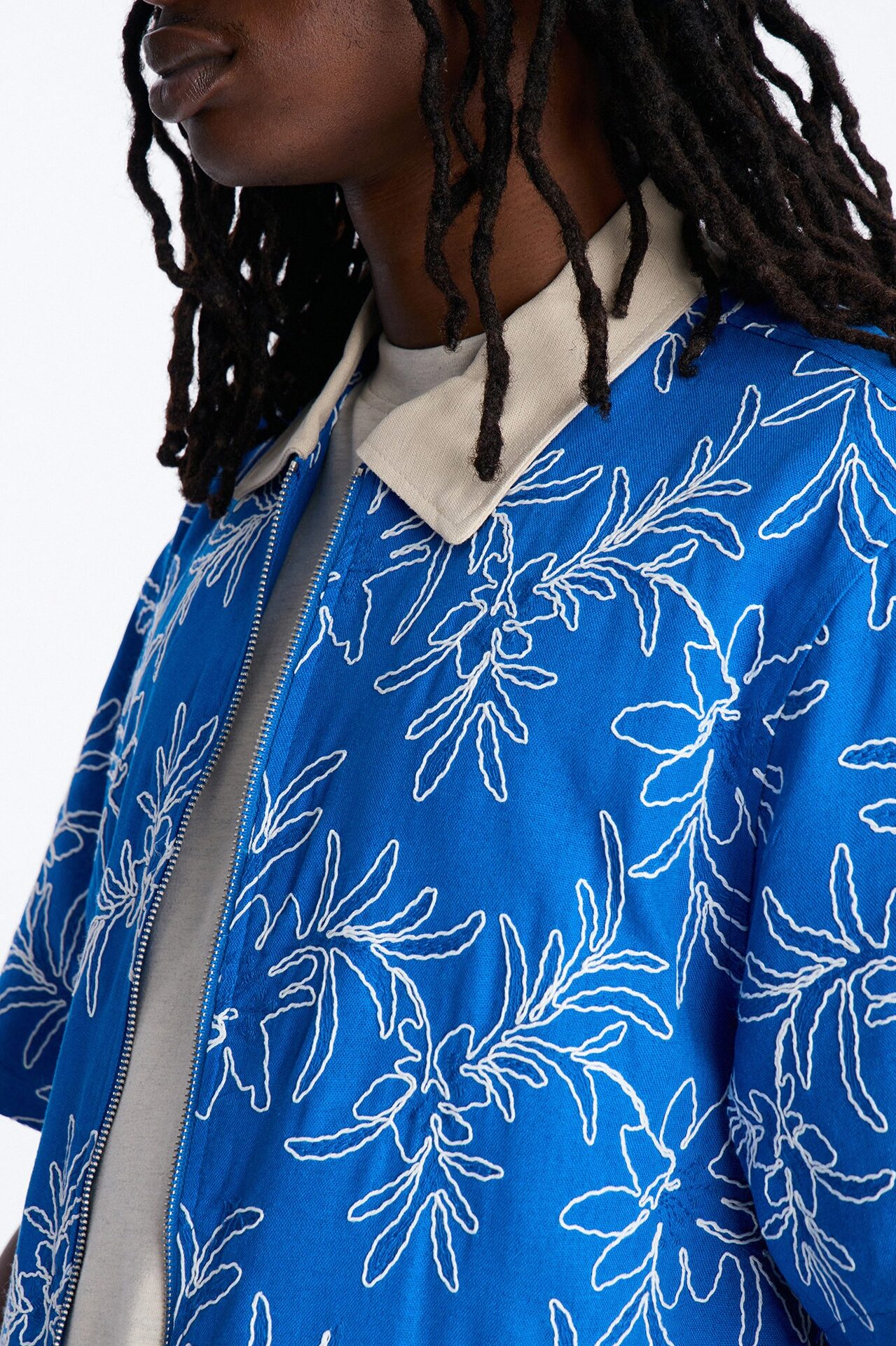 Relaxed Island Riot Embroidered Zip Shirt - Blue