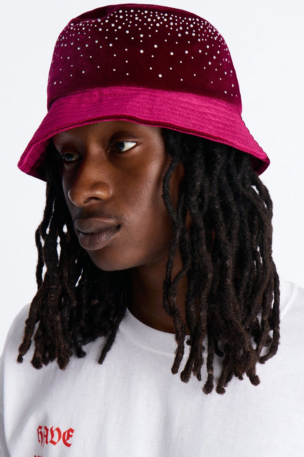 Rhinestone Embellished Bucket Hat - Burgundy
