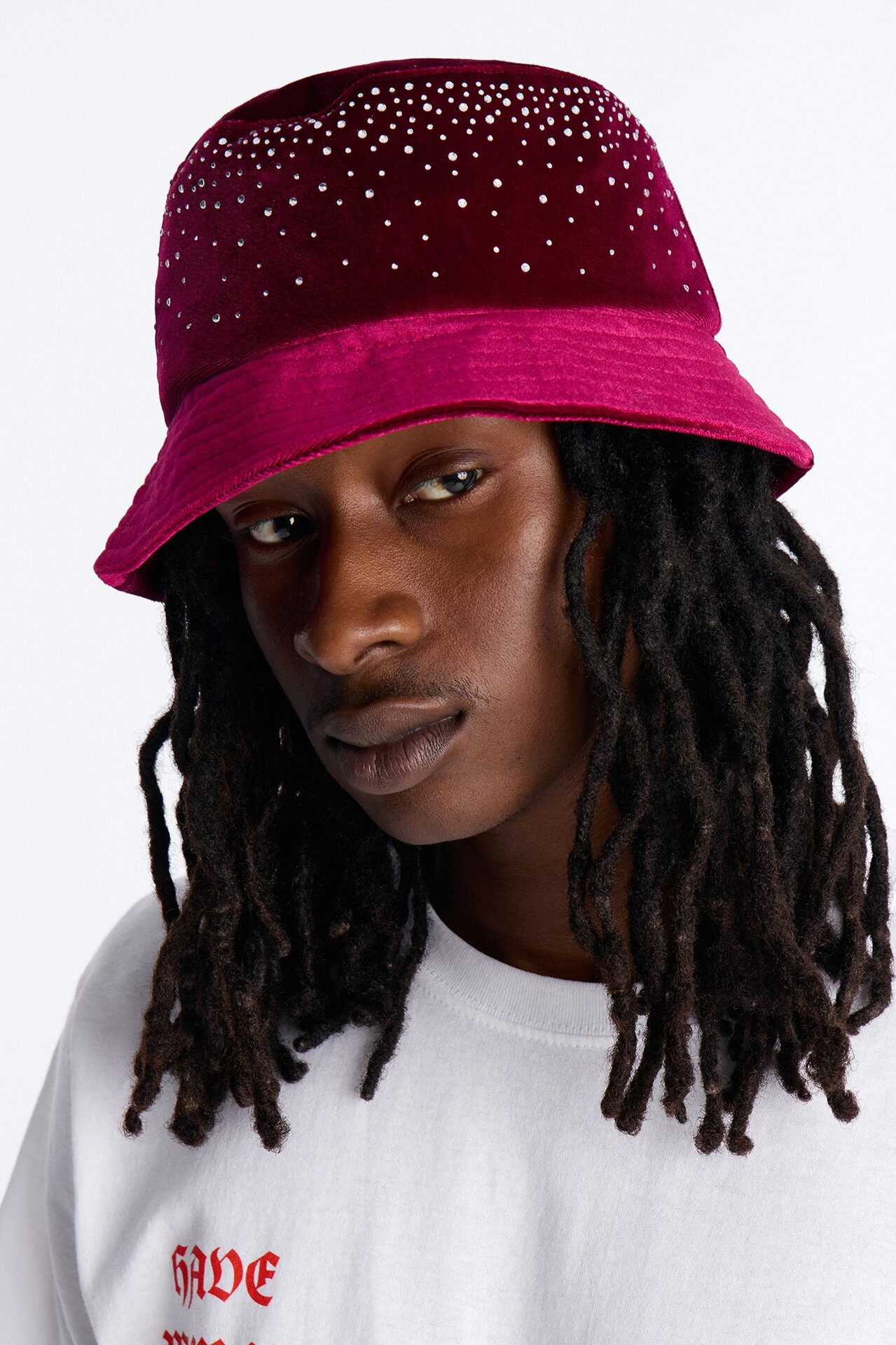 Rhinestone Embellished Bucket Hat - Burgundy