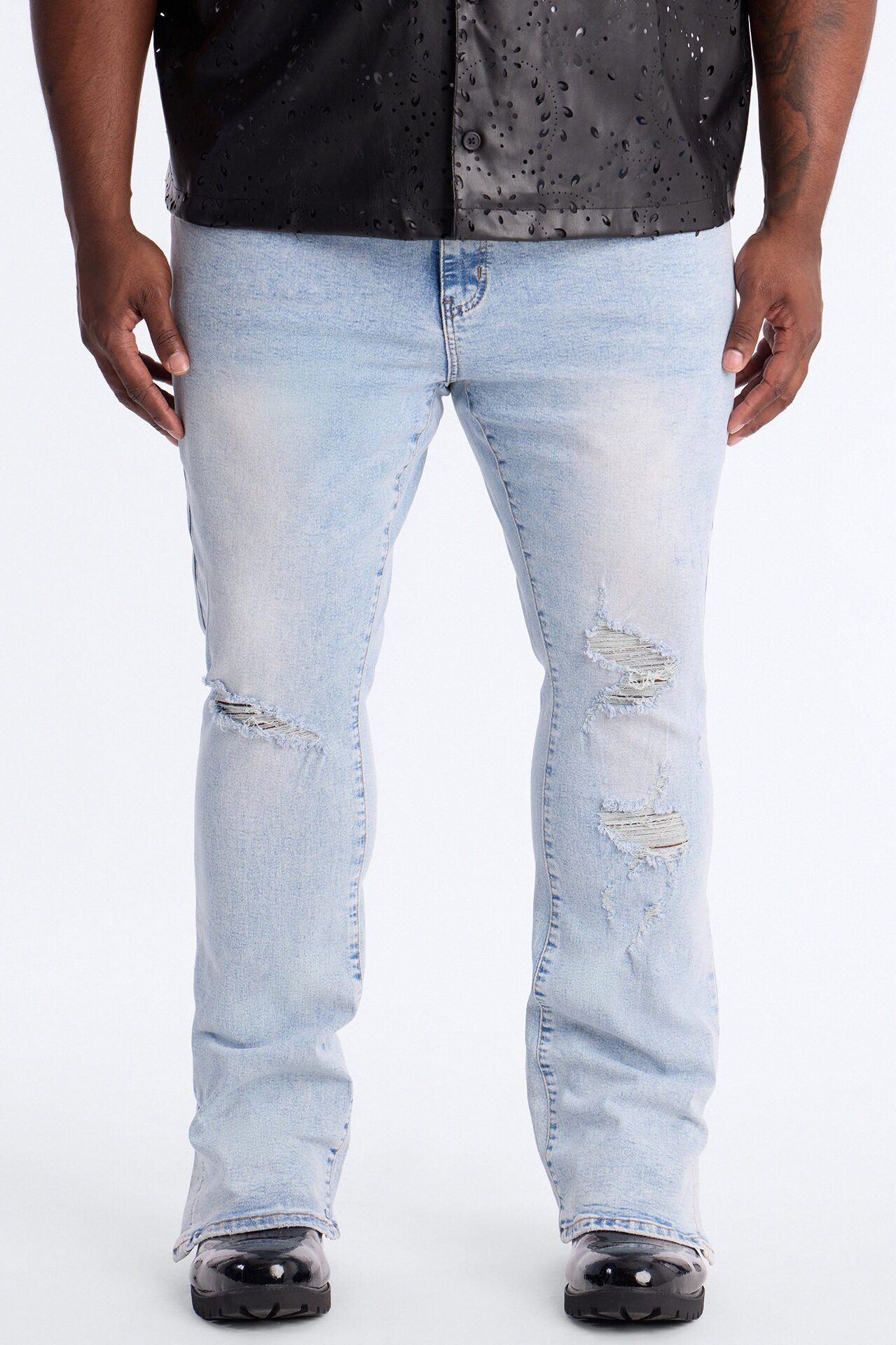 Stacked Skinny Flare Slit Dare Me Distressed Jean - Light Blue Wash