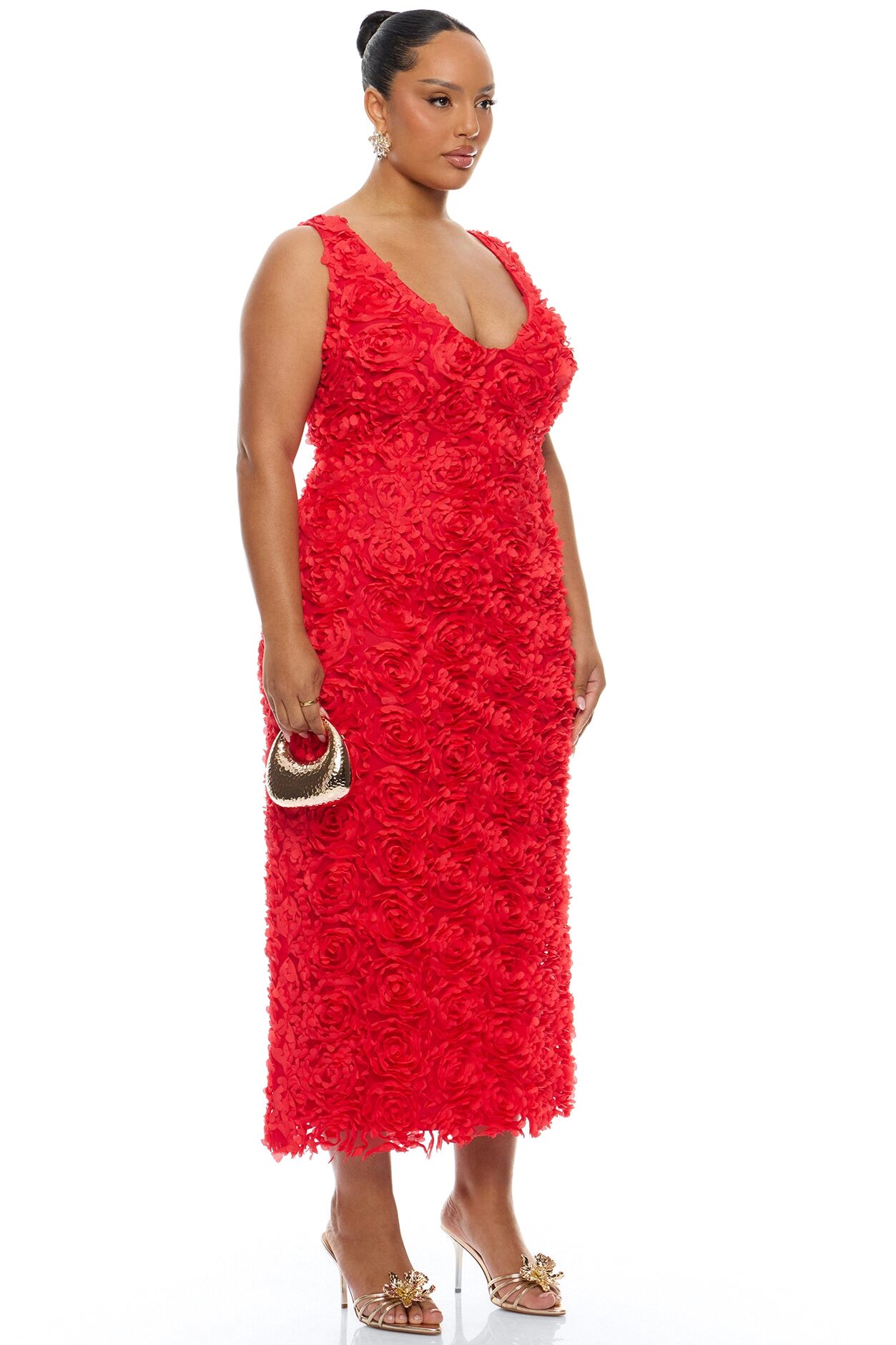 Rose Gardens Floral Applique Midi Dress - Red