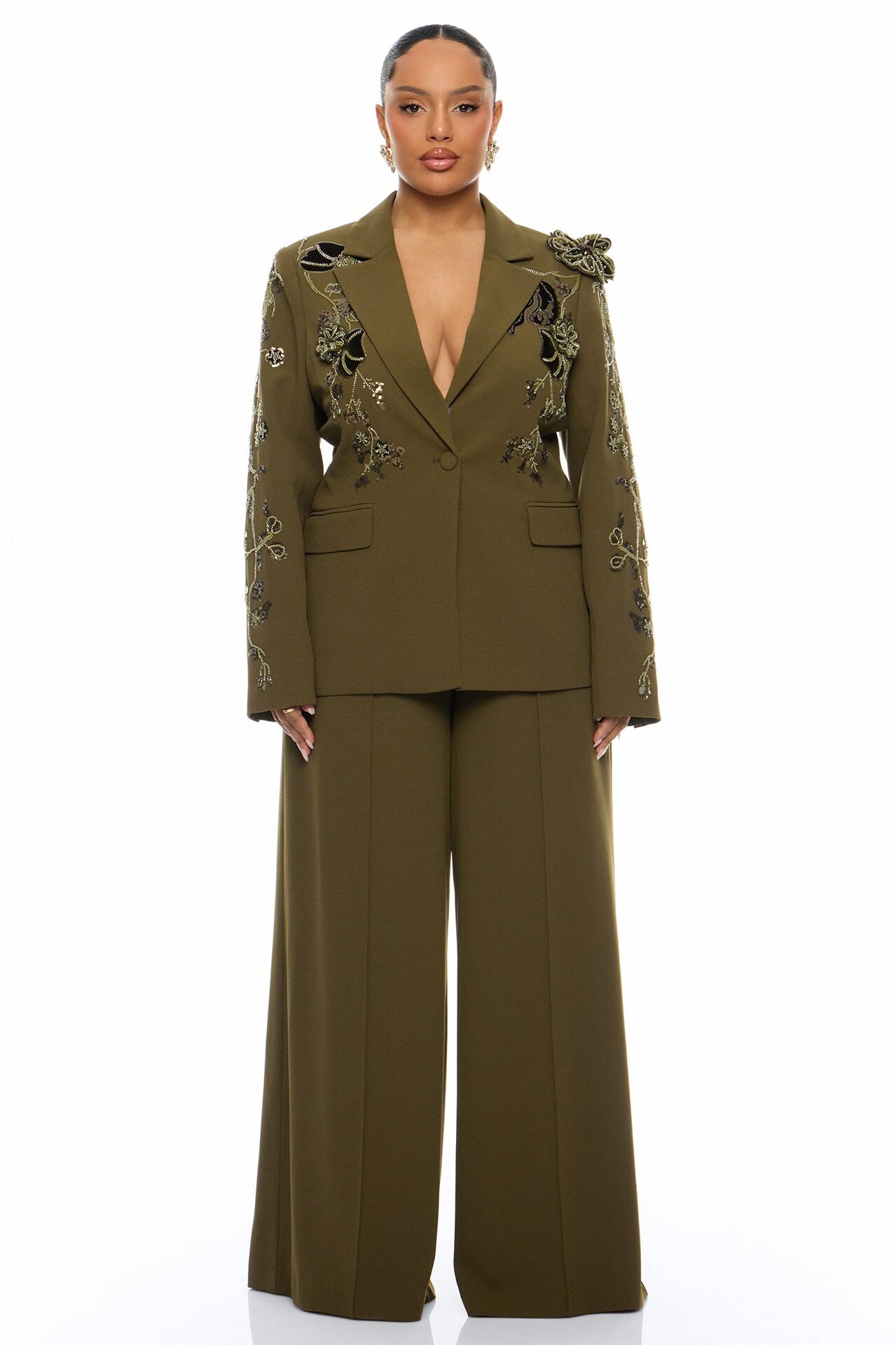 Indie Embellished Blazer Pant Set - Olive