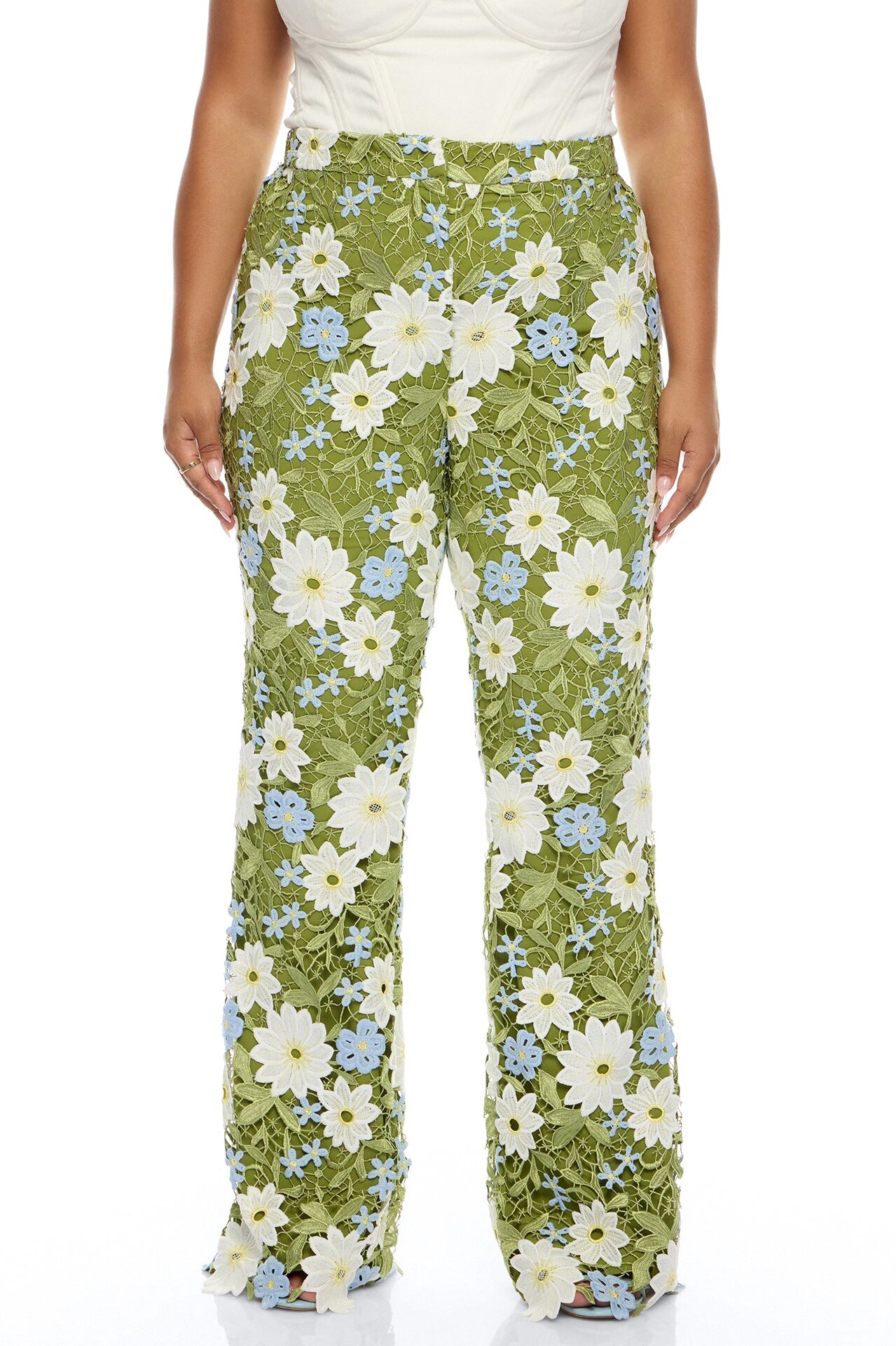 Dani Floral Embroidered Flare Pant - Chartreuse