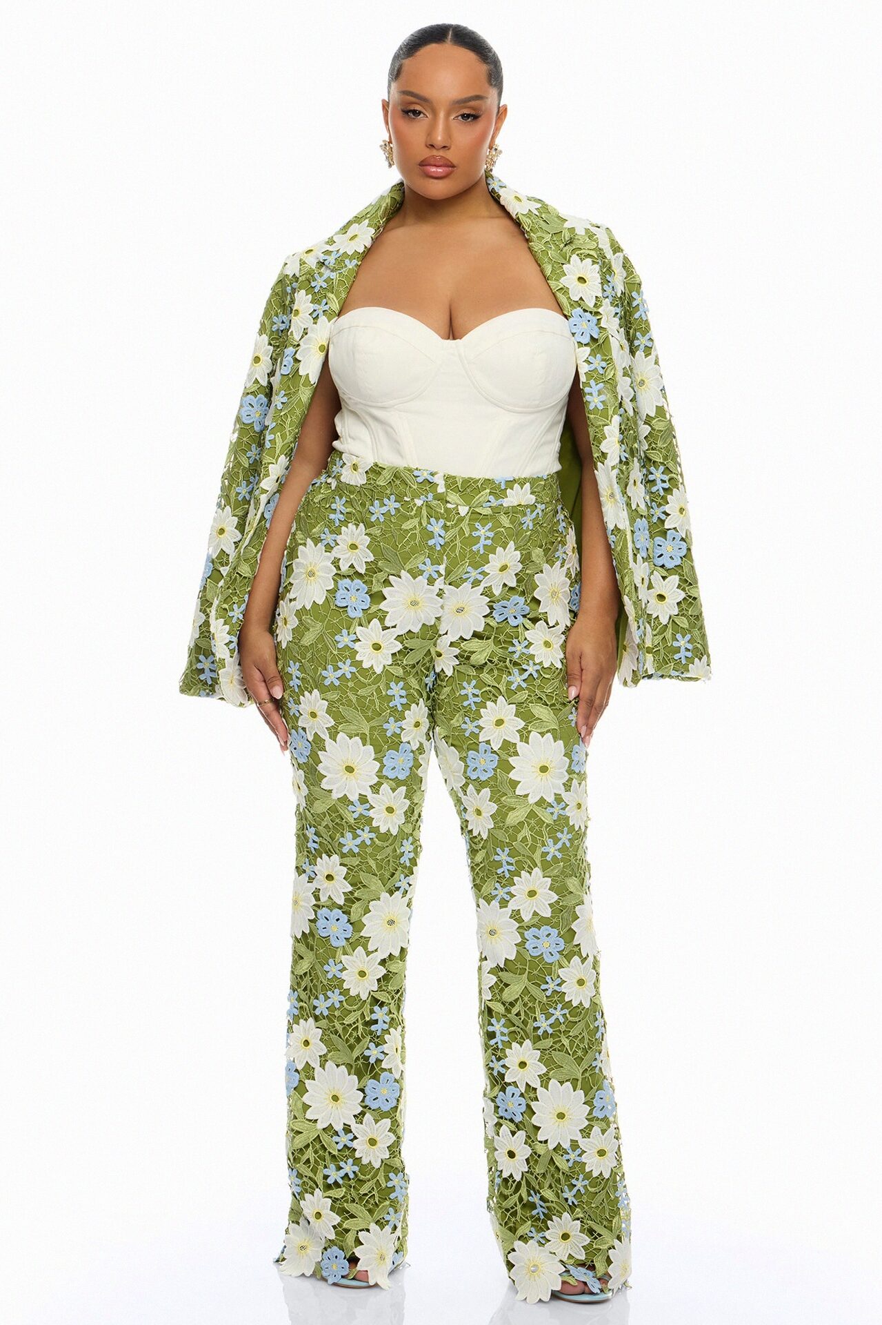 Dani Floral Embroidered Flare Pant - Chartreuse