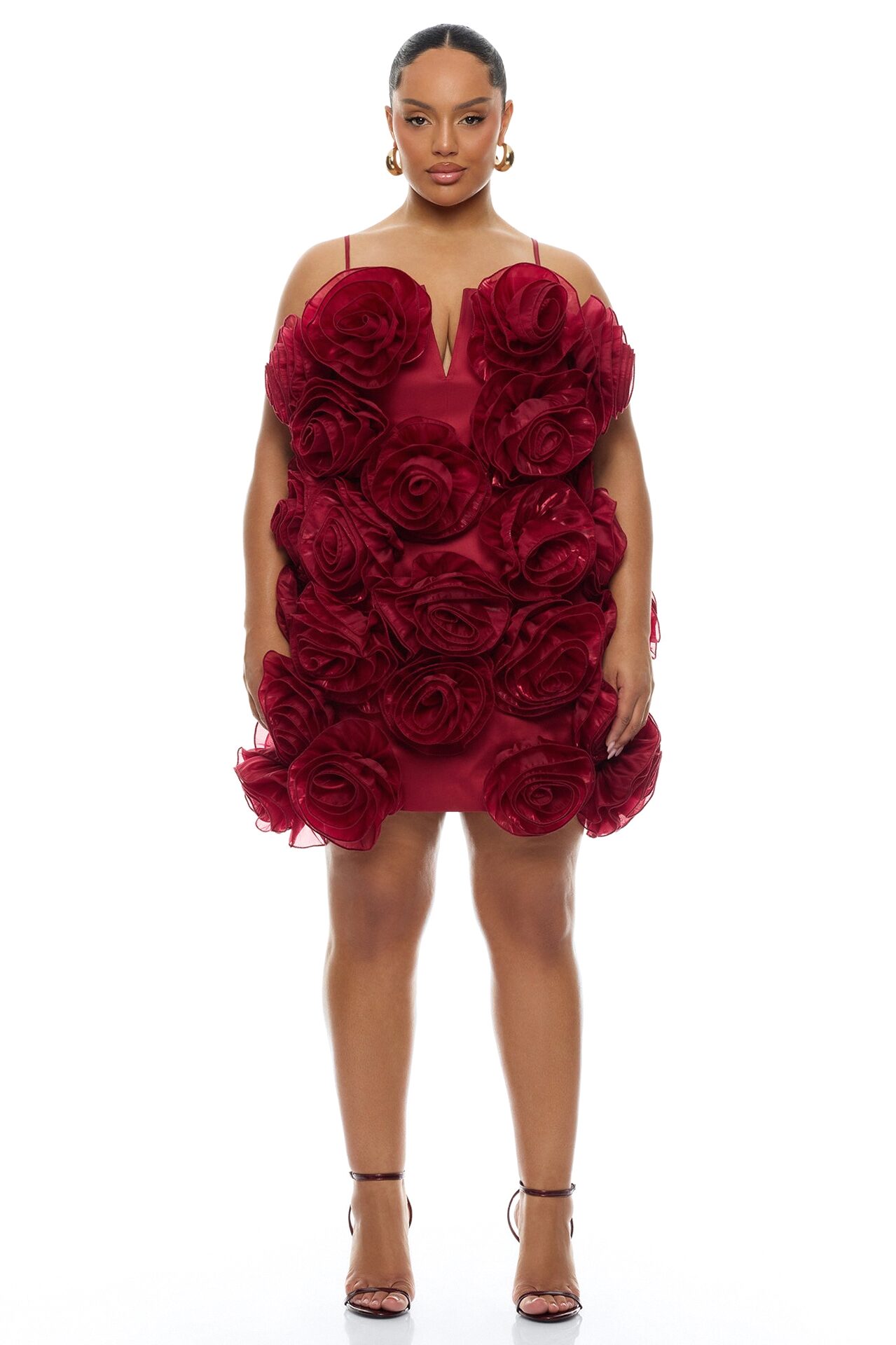 Wild Roses Floral Applique Mini Dress - Wine