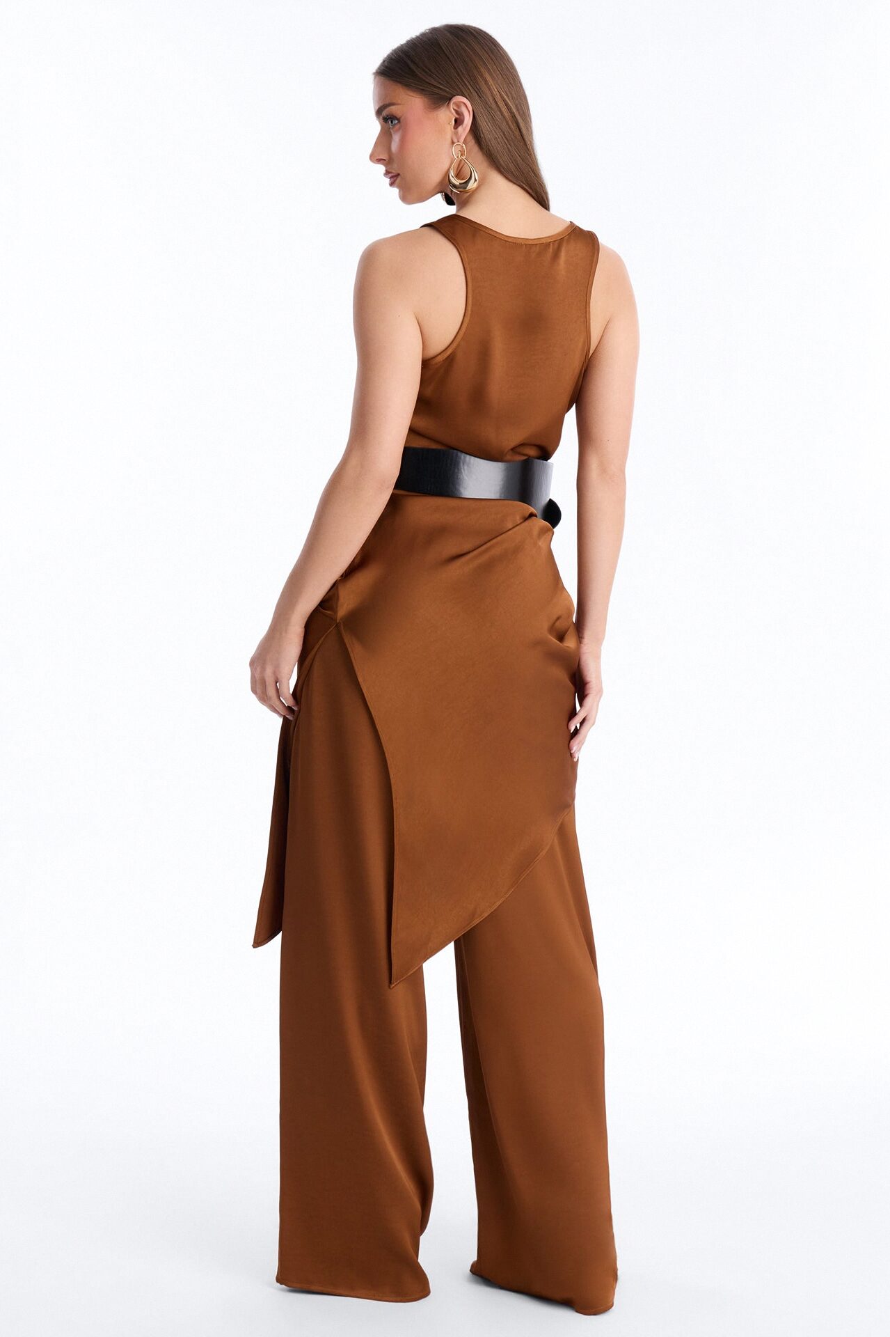 Oh So Chic Belted 3 Piece Satin Pant Set - Bronze