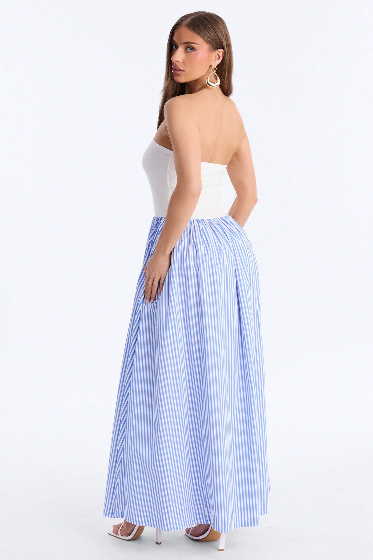 Kaia Strapless Poplin Maxi Dress - White/Blue