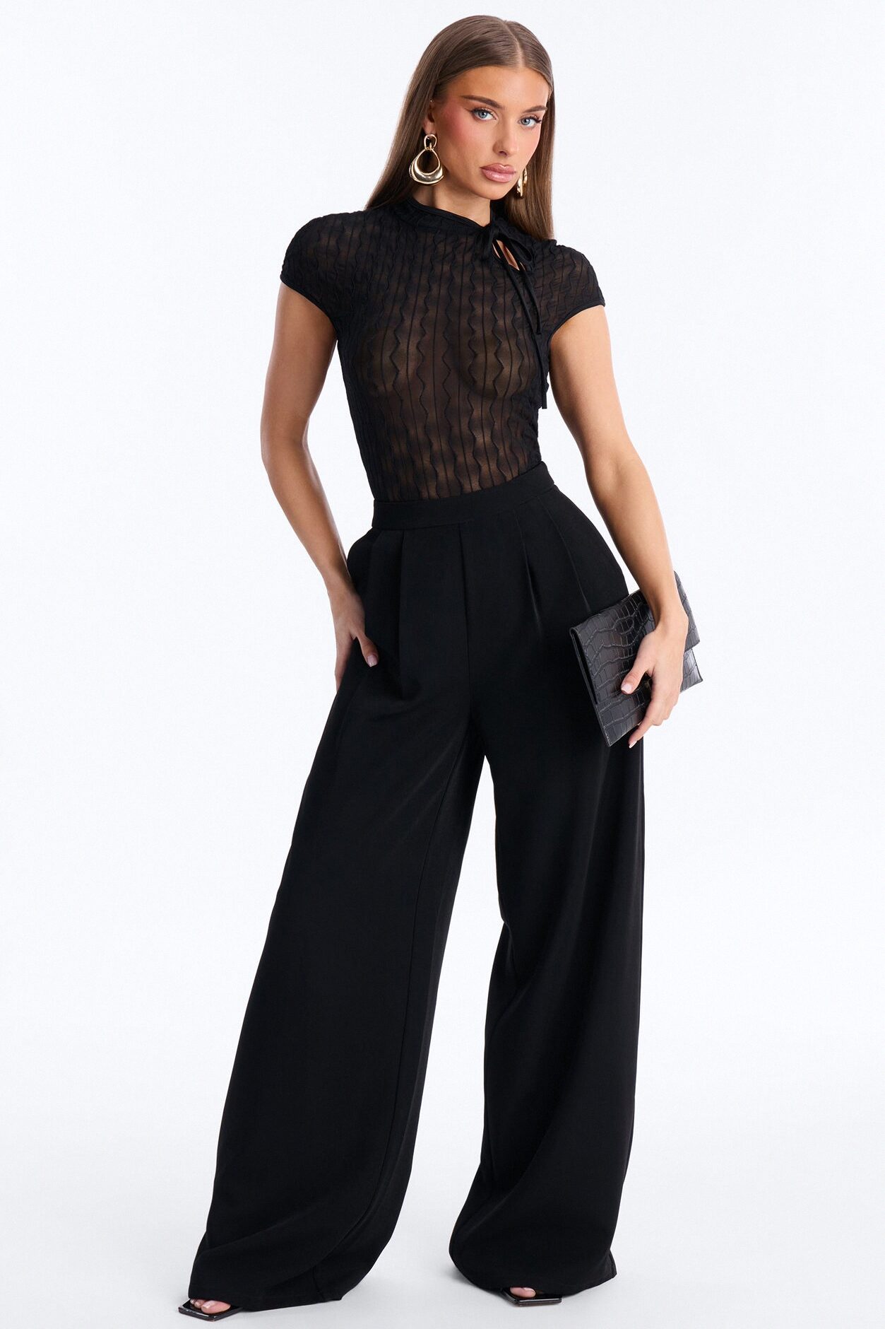 Nayeli Sheer Mesh Short Sleeve Bodysuit - Black