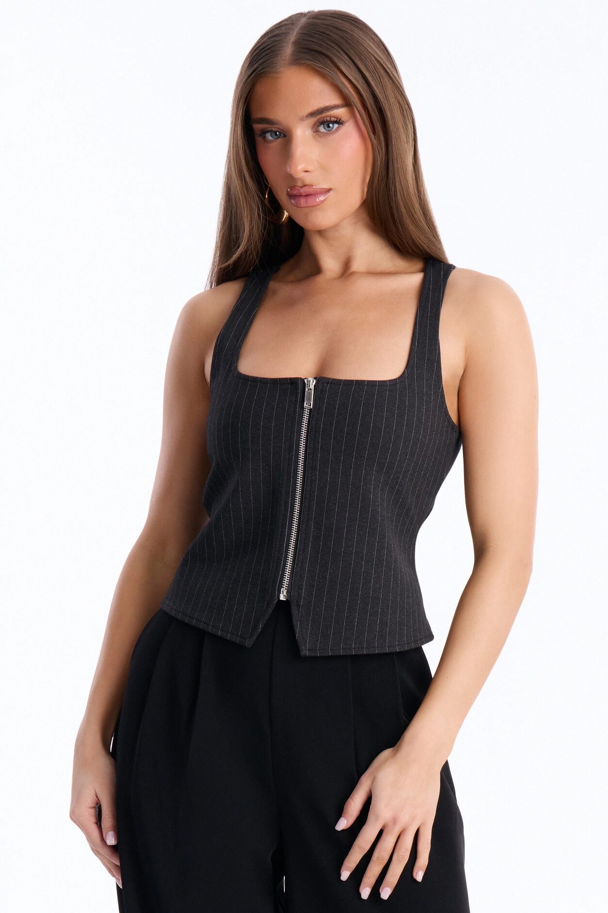 Looking Iconic Front Zip Pinstripe Tank Top - Black/combo