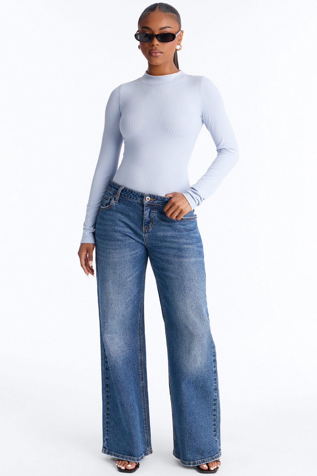 Rita Ribbed Long Sleeve Tee - Dusty Blue