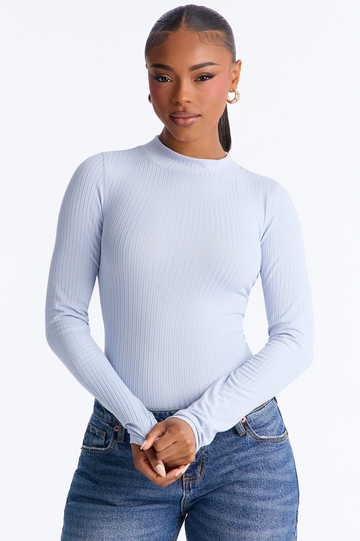 Rita Ribbed Long Sleeve Tee - Dusty Blue