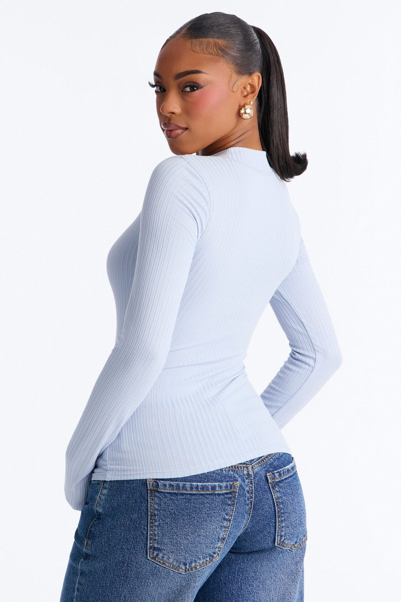 Rita Ribbed Long Sleeve Tee - Dusty Blue