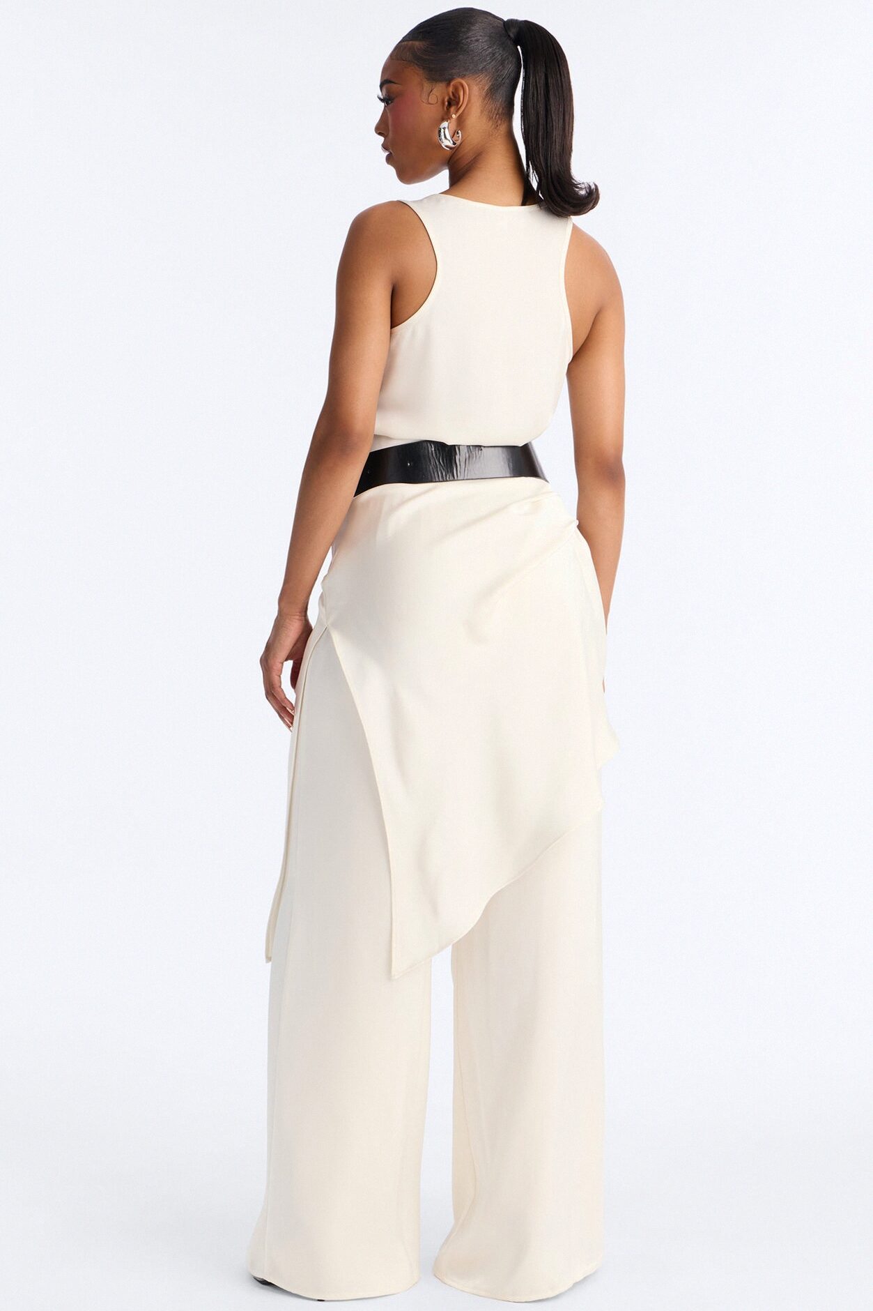 Oh So Chic Belted 3 Piece Satin Pant Set - Cream