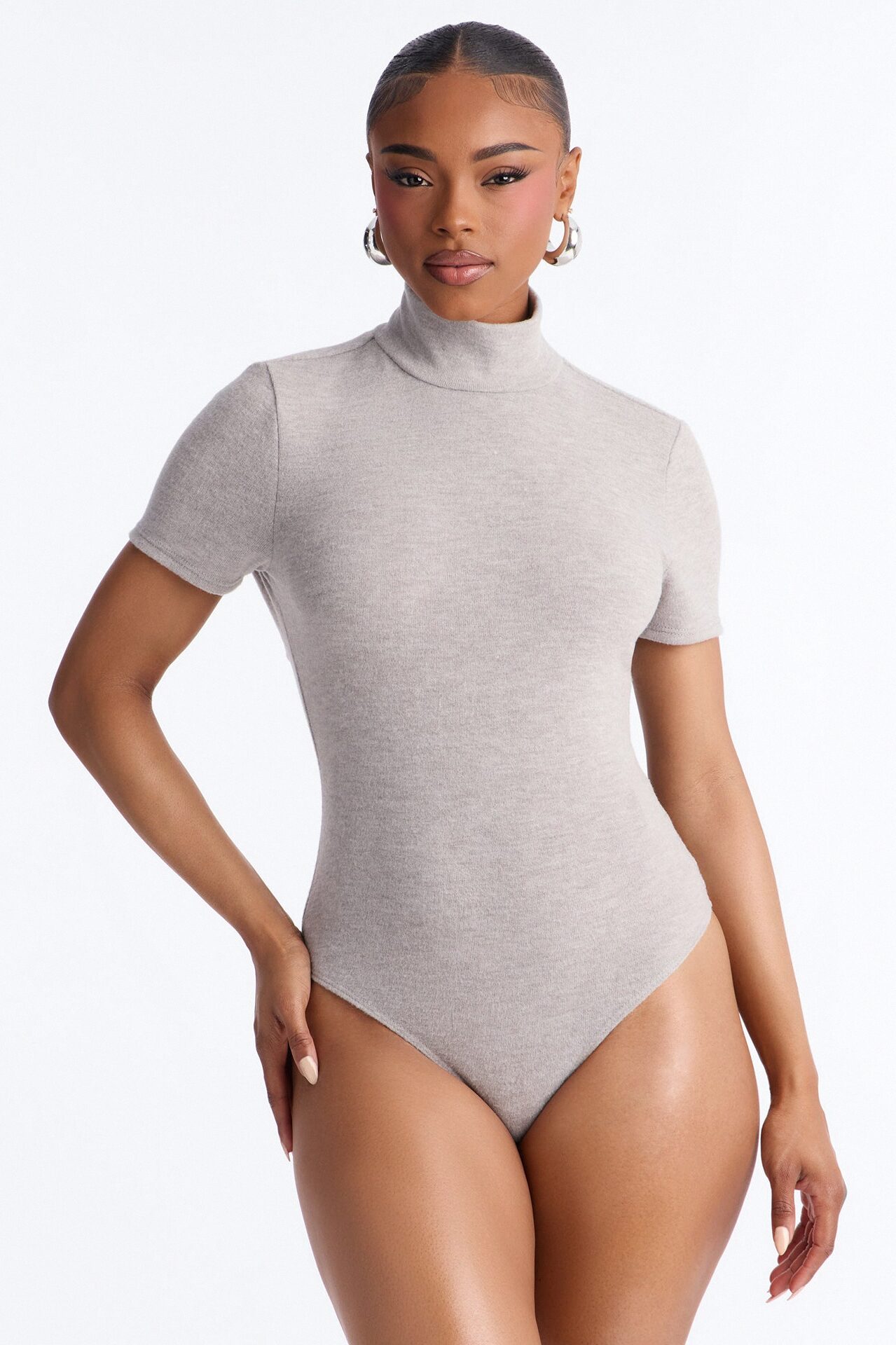 Marenna Mock Neck Short Sleeve Hacci Bodysuit - Grey