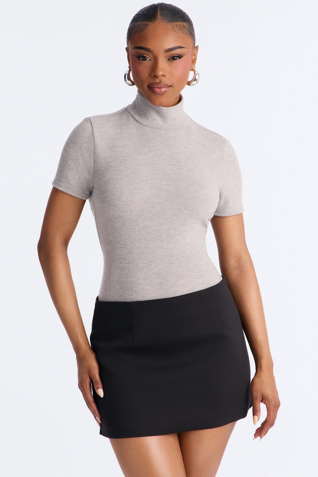 Marenna Mock Neck Short Sleeve Hacci Bodysuit - Grey