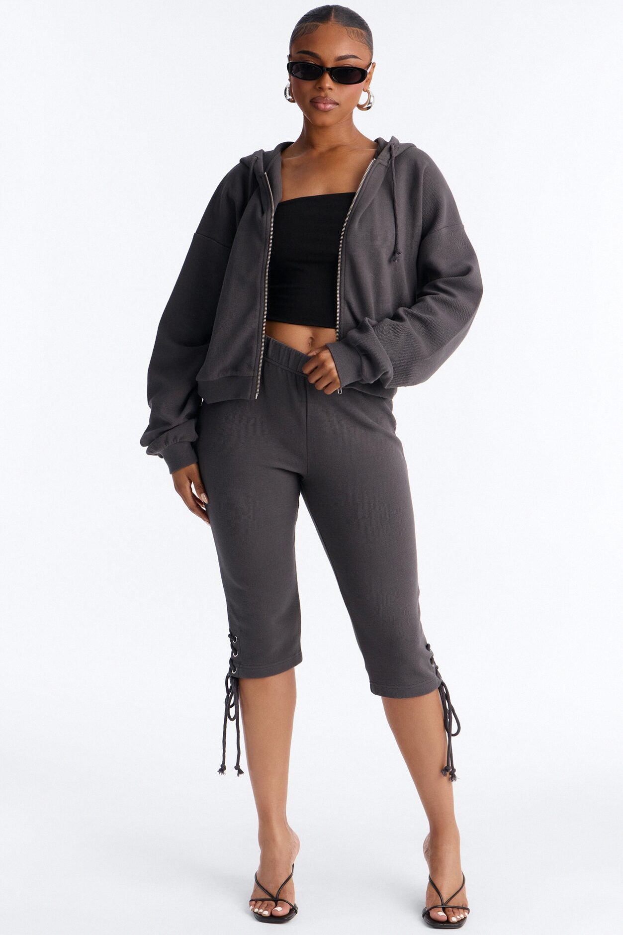 Casual Cutie Knit Capri Set - Charcoal