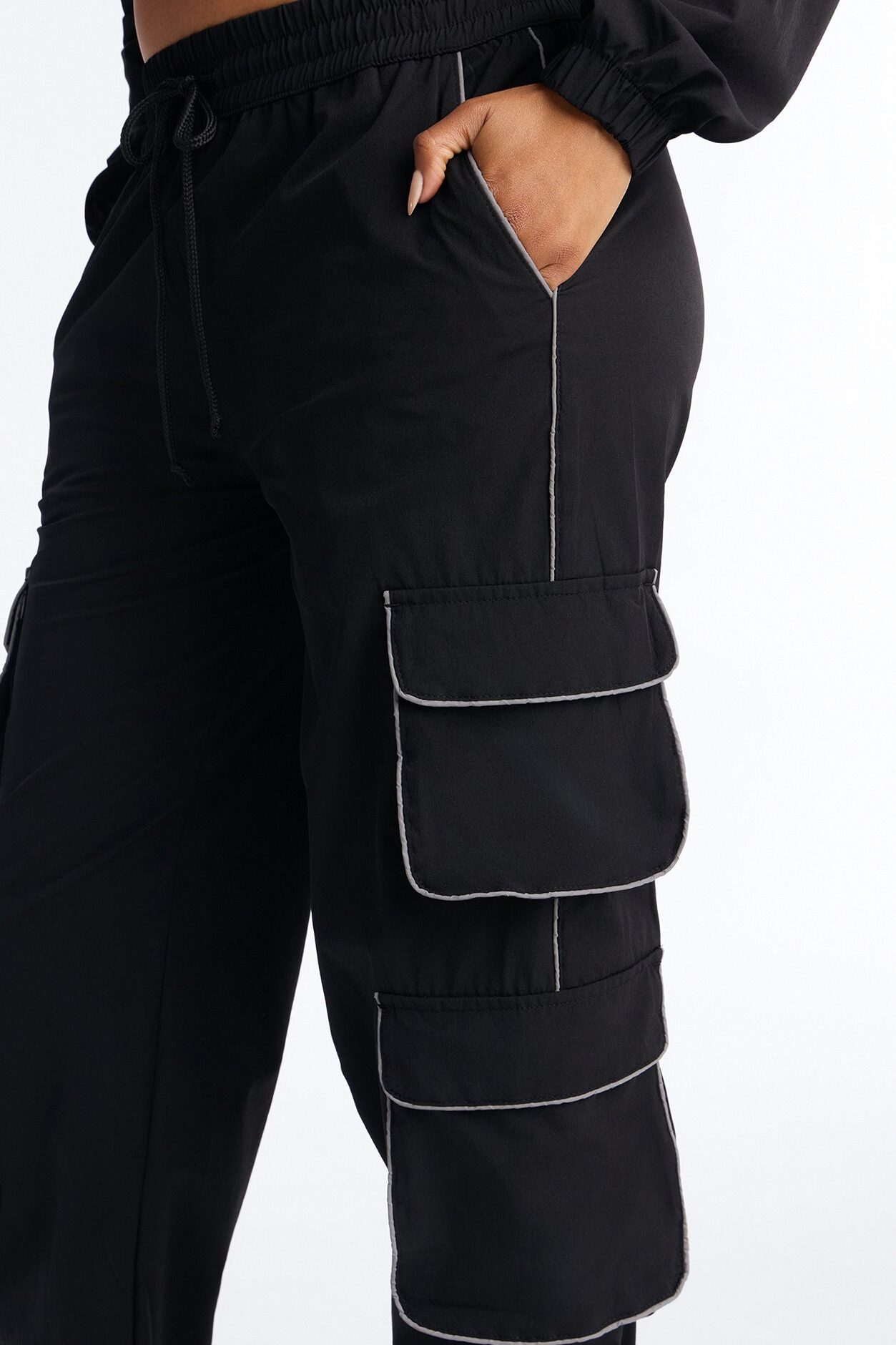 Nessa Nylon Cargo Hoodie Jogger Set - Black