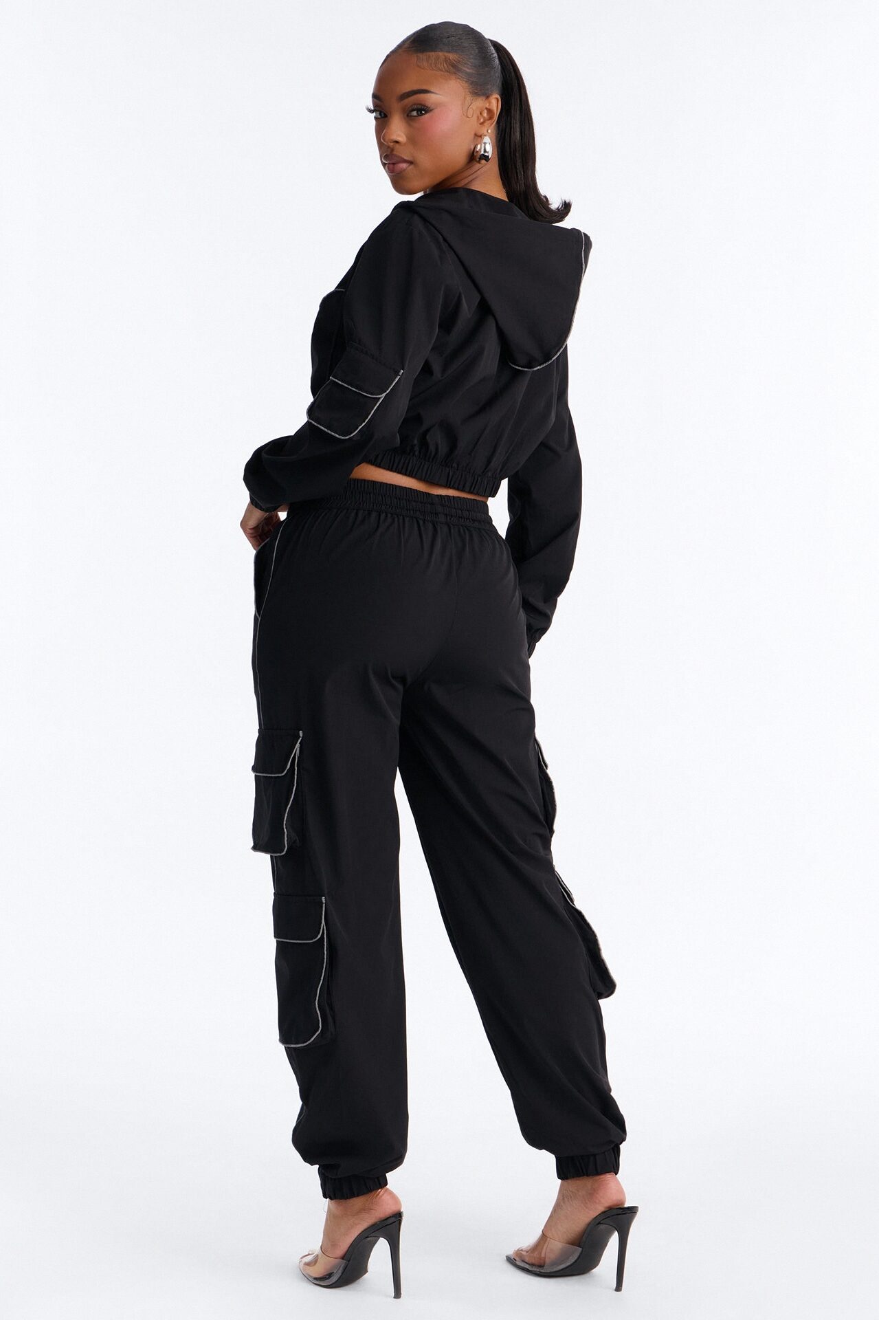 Nessa Nylon Cargo Hoodie Jogger Set - Black