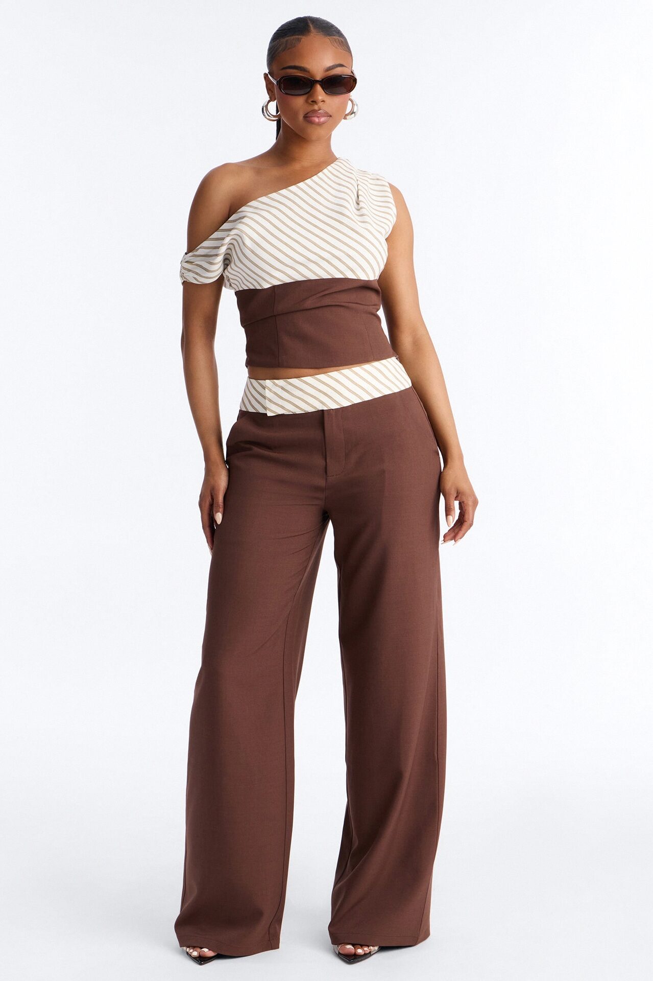 Georgia Striped Off The Shoulder Pant Set - Brown