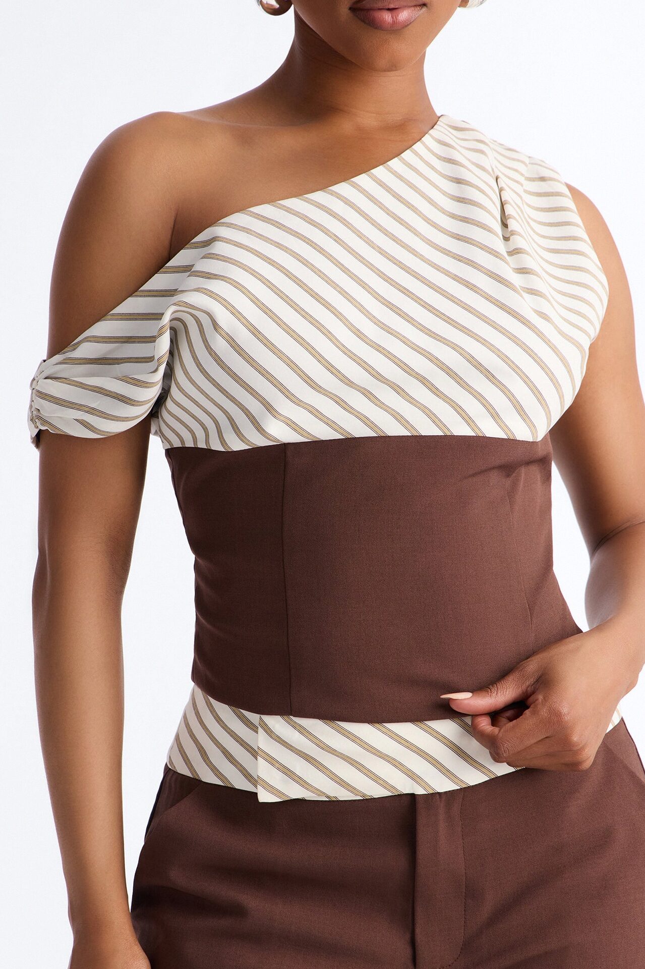 Georgia Striped Off The Shoulder Pant Set - Brown