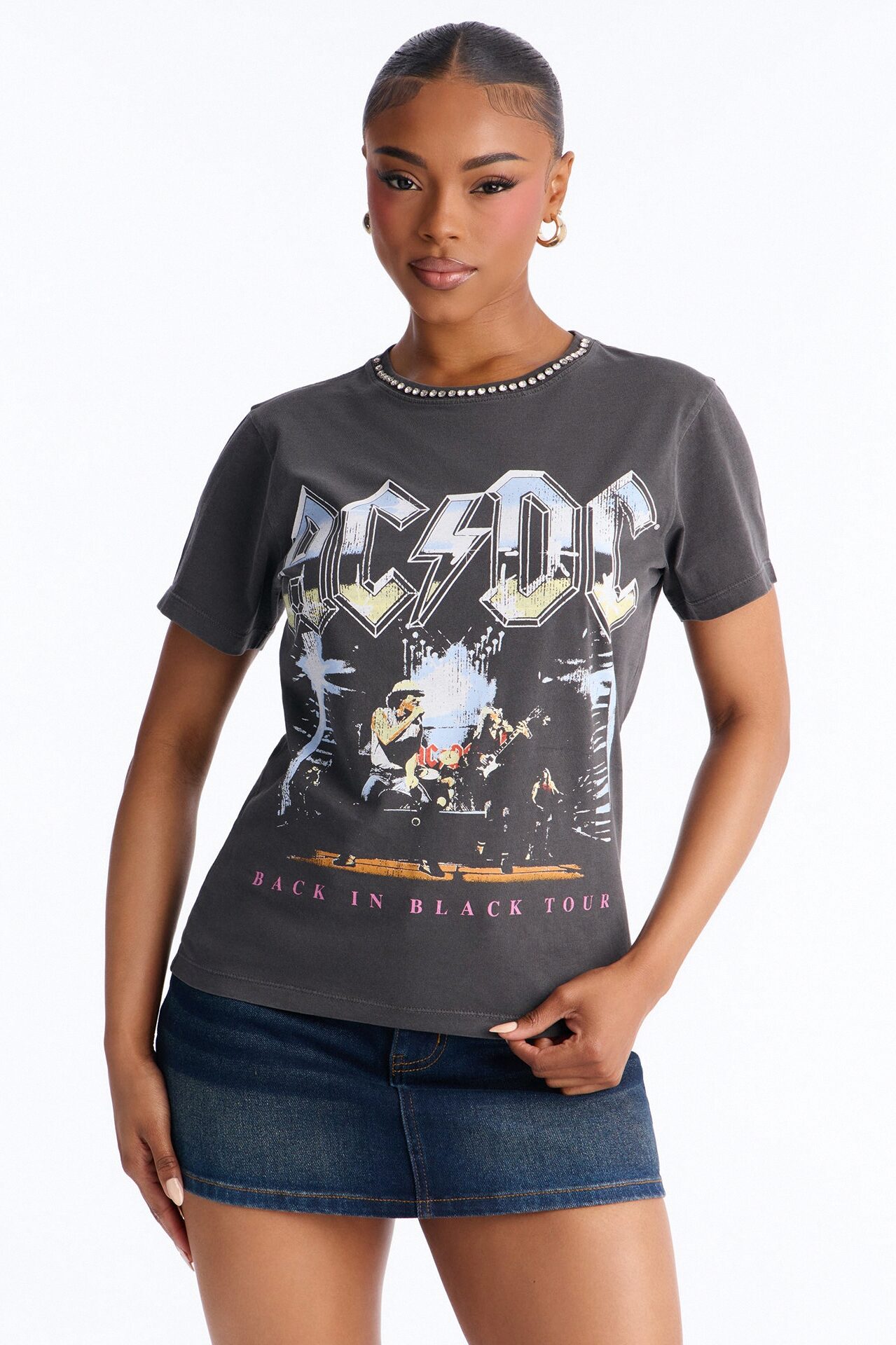 ACDC Jeweled Neck Washed Tee - Black Wash