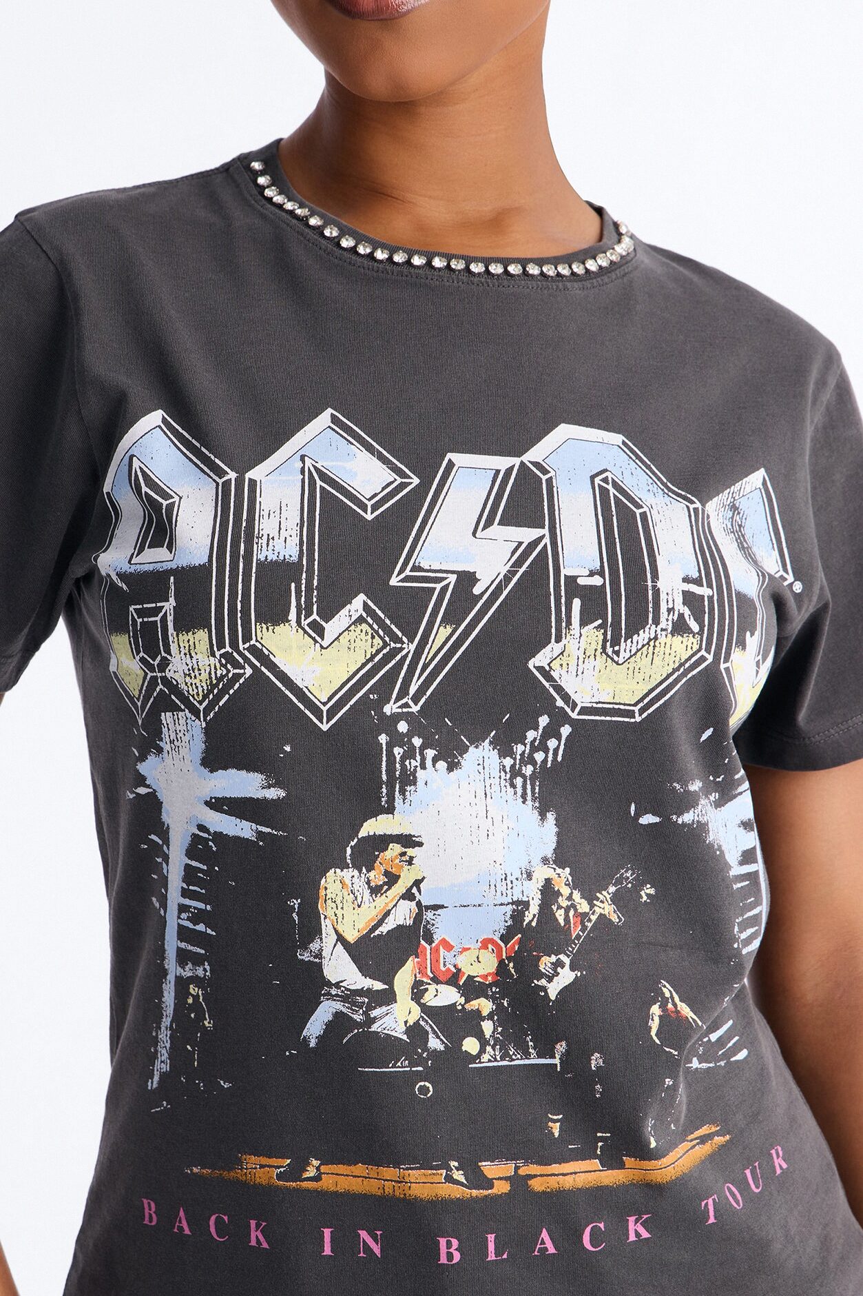 ACDC Jeweled Neck Washed Tee - Black Wash