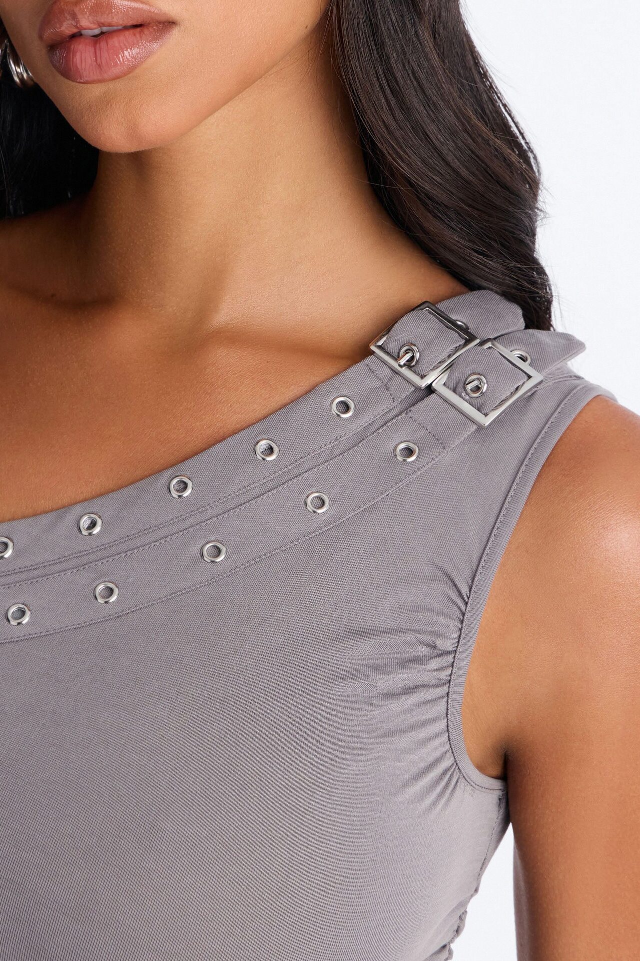 Elle One Shoulder Belted Ruched Top - Grey