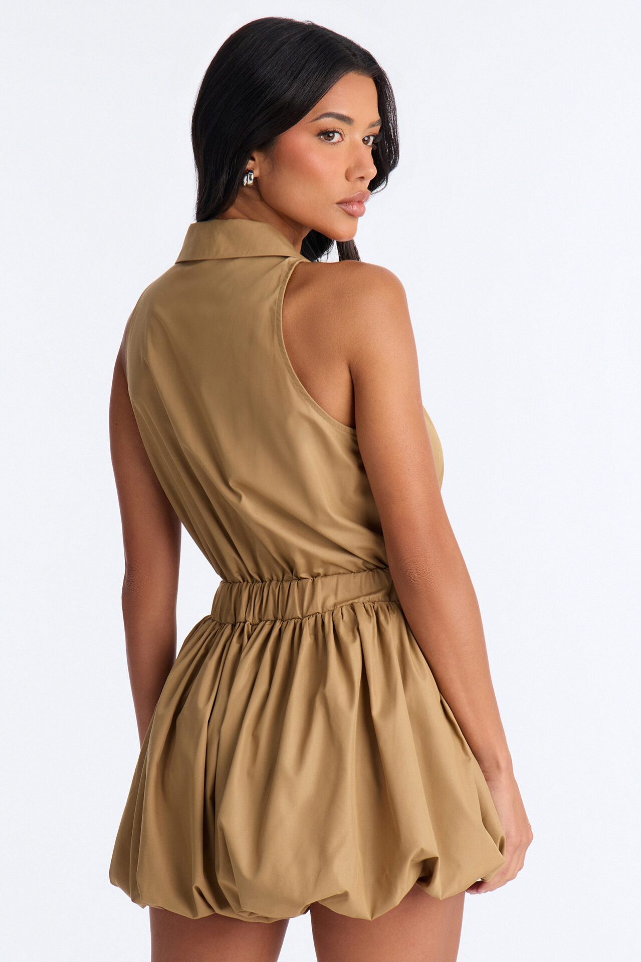 Cecille Poplin Belted Romper - Tan