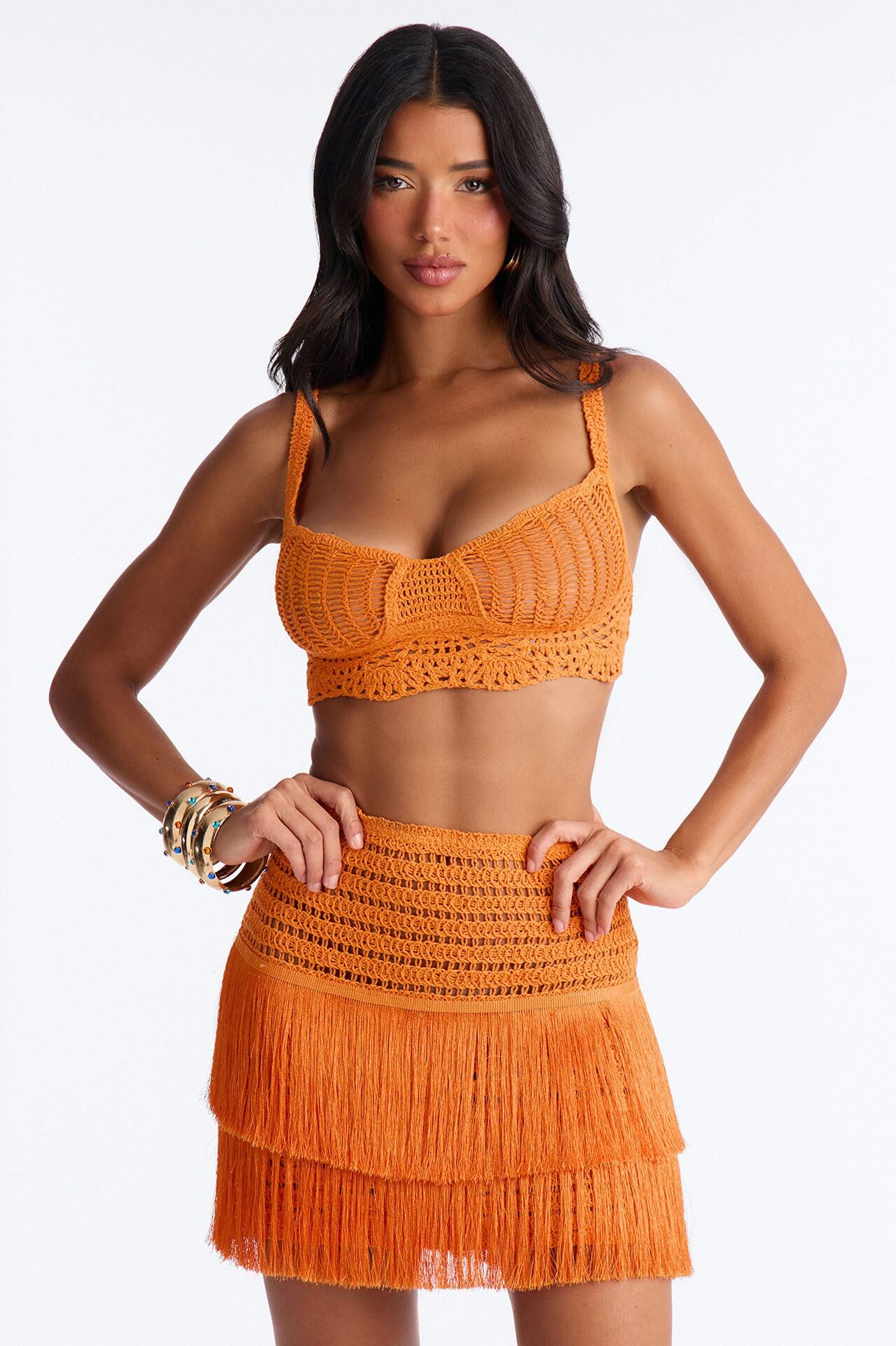 Coastal Crush Crochet Fringe Mini Skirt Set - Orange
