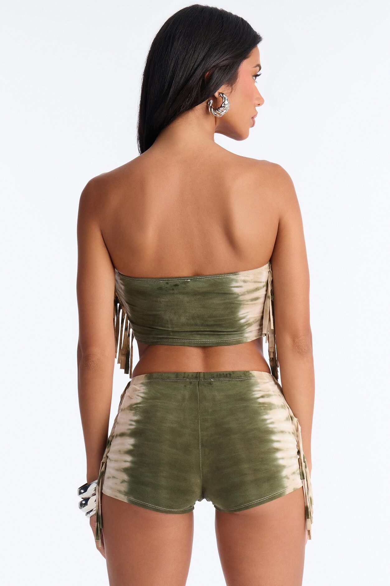 Solar Flare Tie Dye Fringe 3 Piece Short Set - Olive/combo