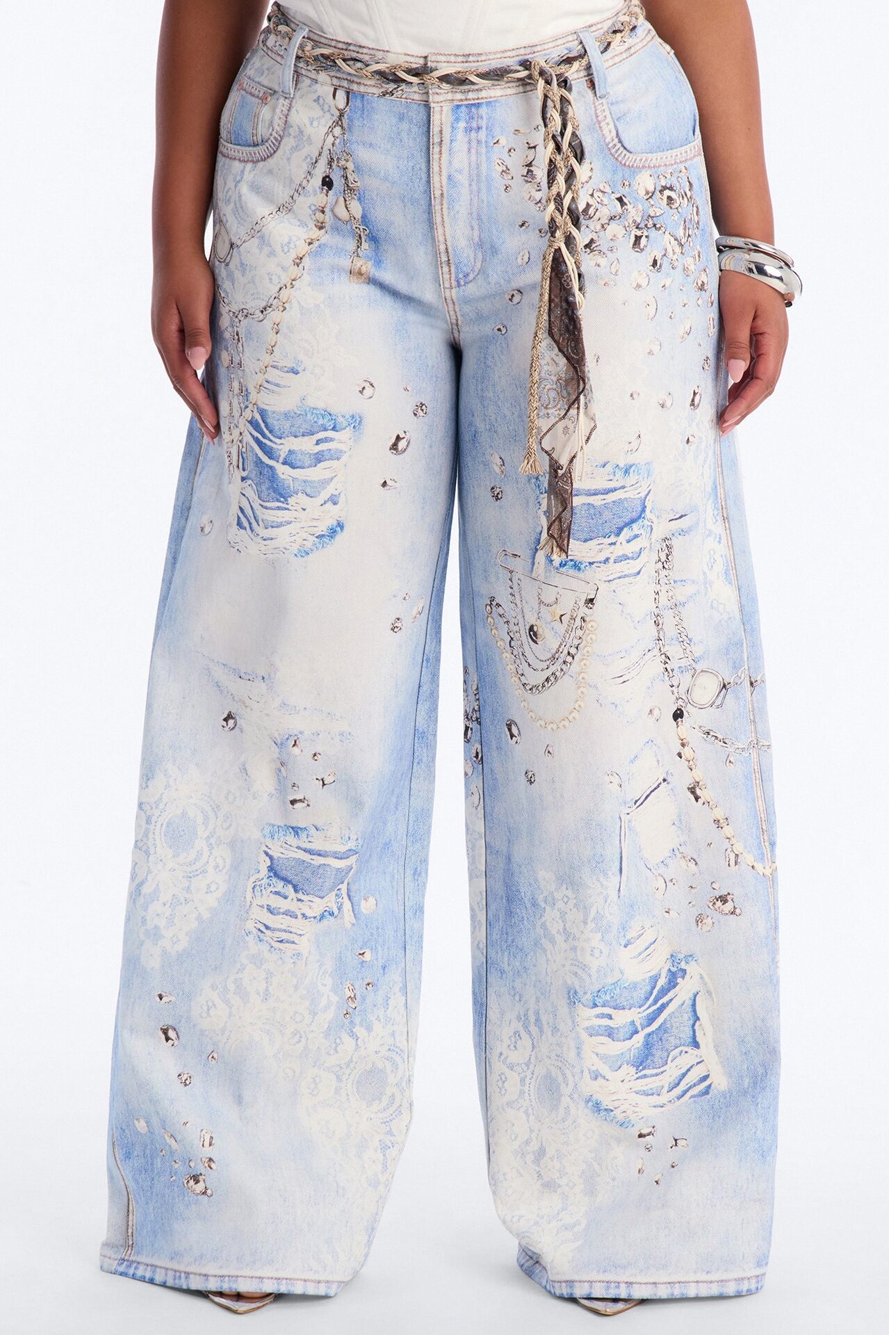 Marlowe Mid Rise Belted Wide Leg Pant 34″ - Blue/combo