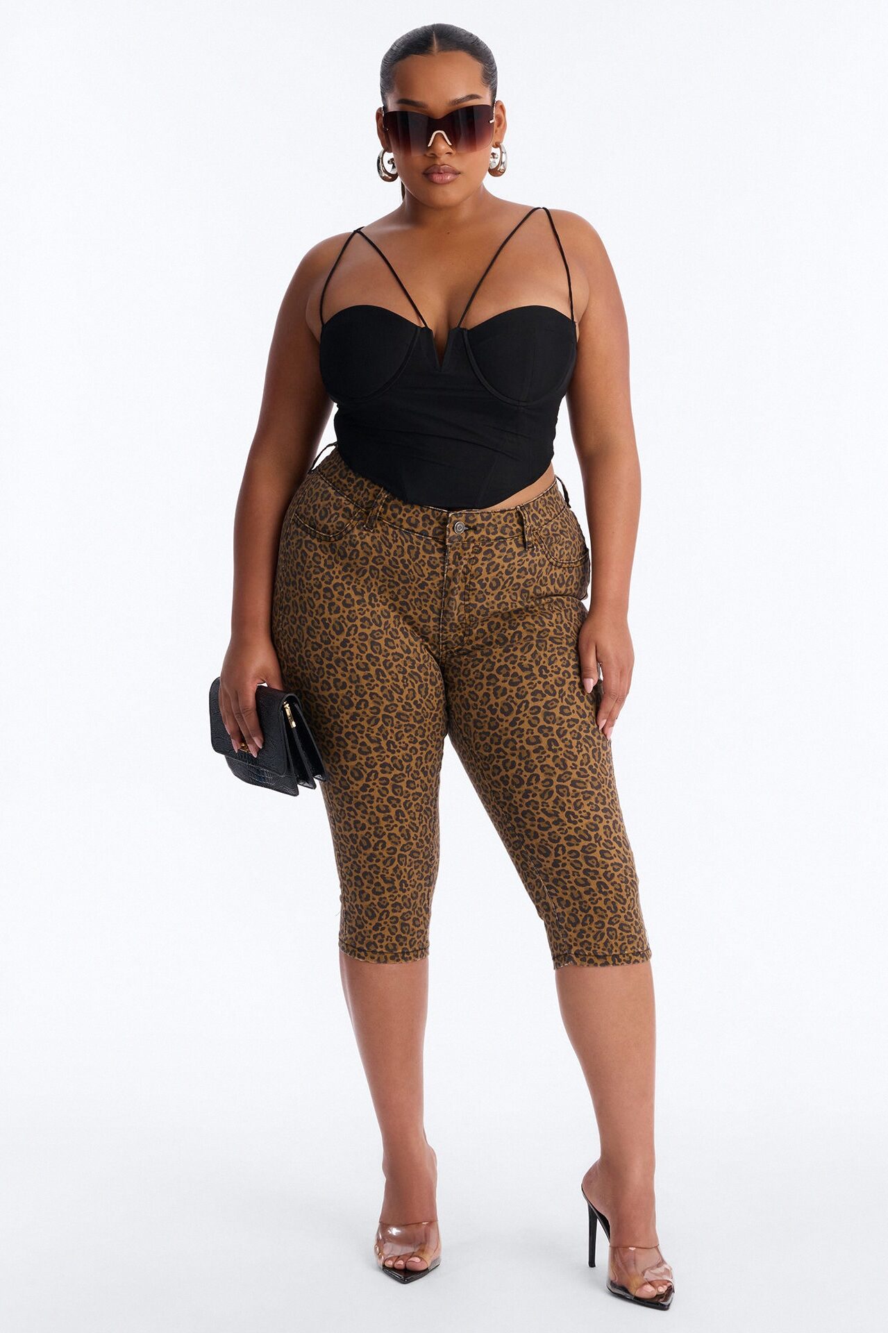 Retro Animal Skinny Capri Jeans - Brown Combo