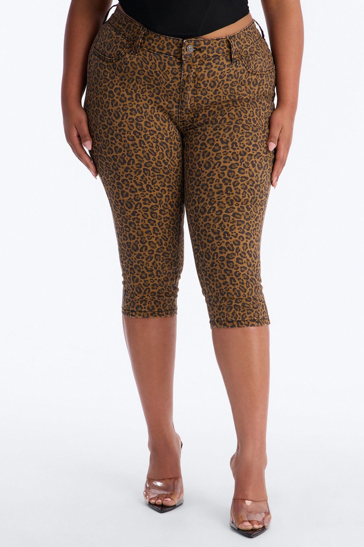 Retro Animal Skinny Capri Jeans - Brown Combo