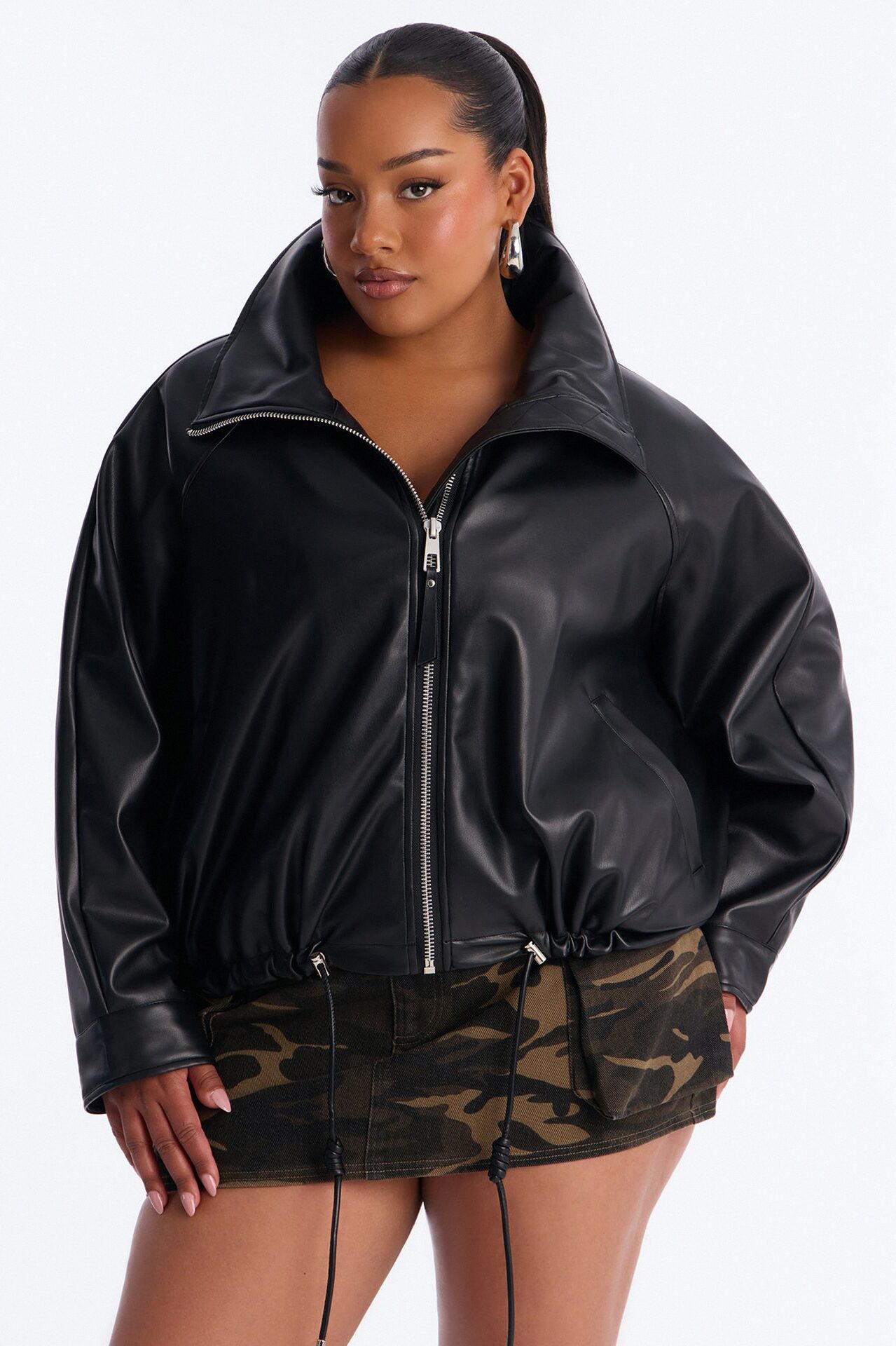 Iris Faux Leather Funnel Neck Bubble Bomber Jacket - Black