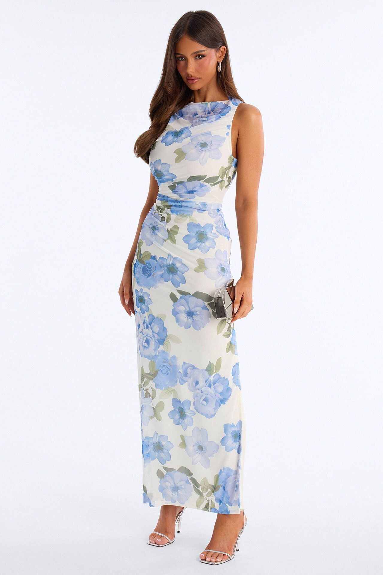 Skyla Ruched Mesh Maxi Dress - Blue/combo