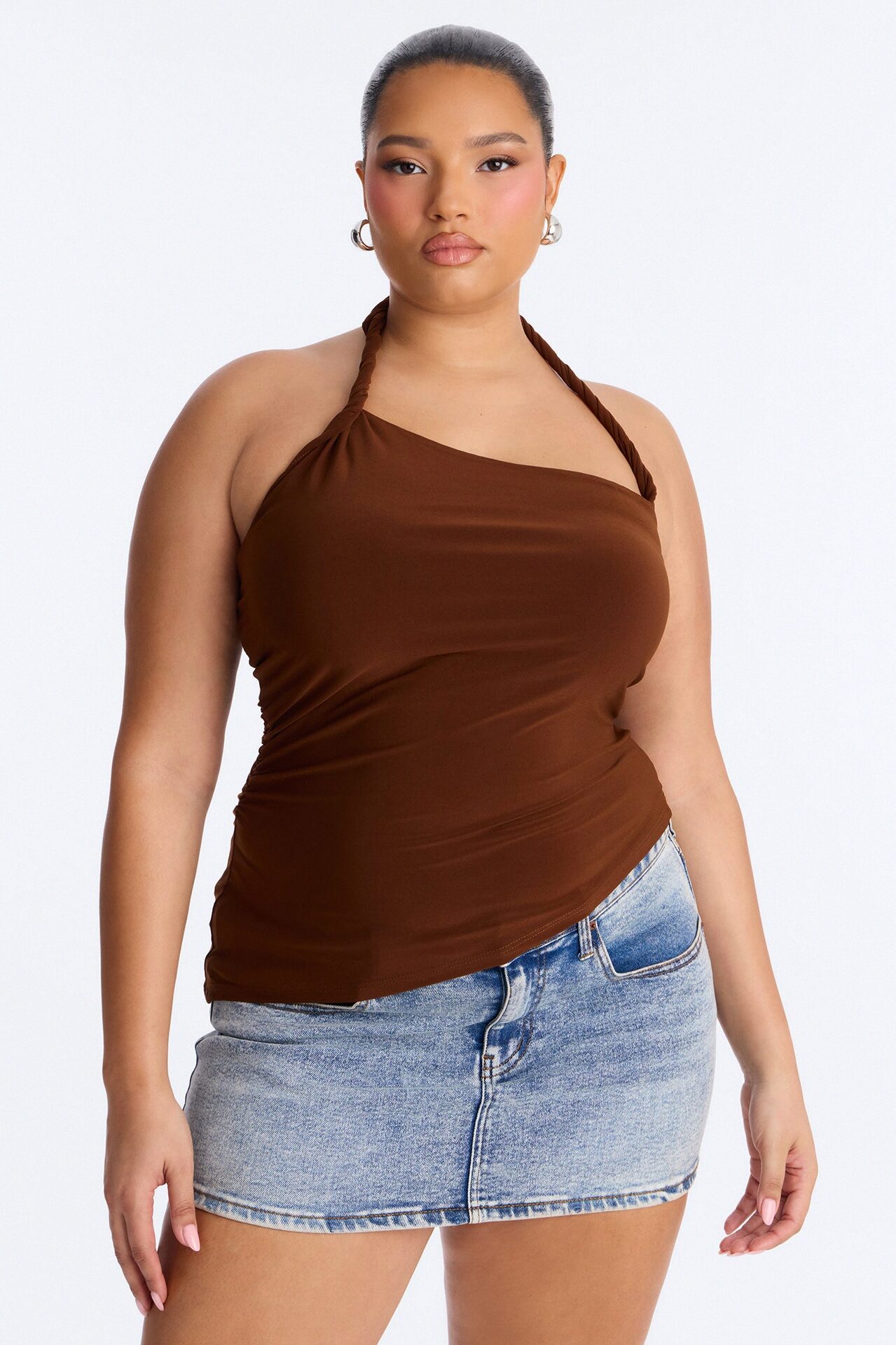 Maddy Asymmetrical Twist Ruched Halter Top - Brown