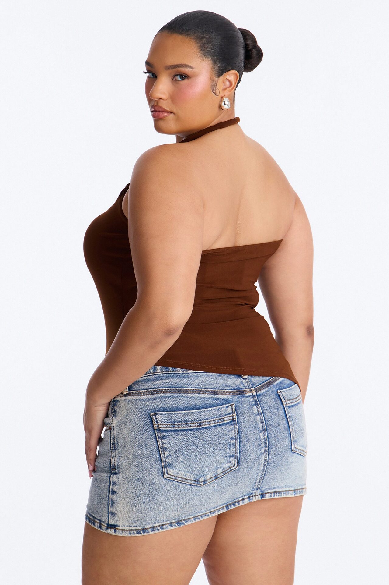 Maddy Asymmetrical Twist Ruched Halter Top - Brown