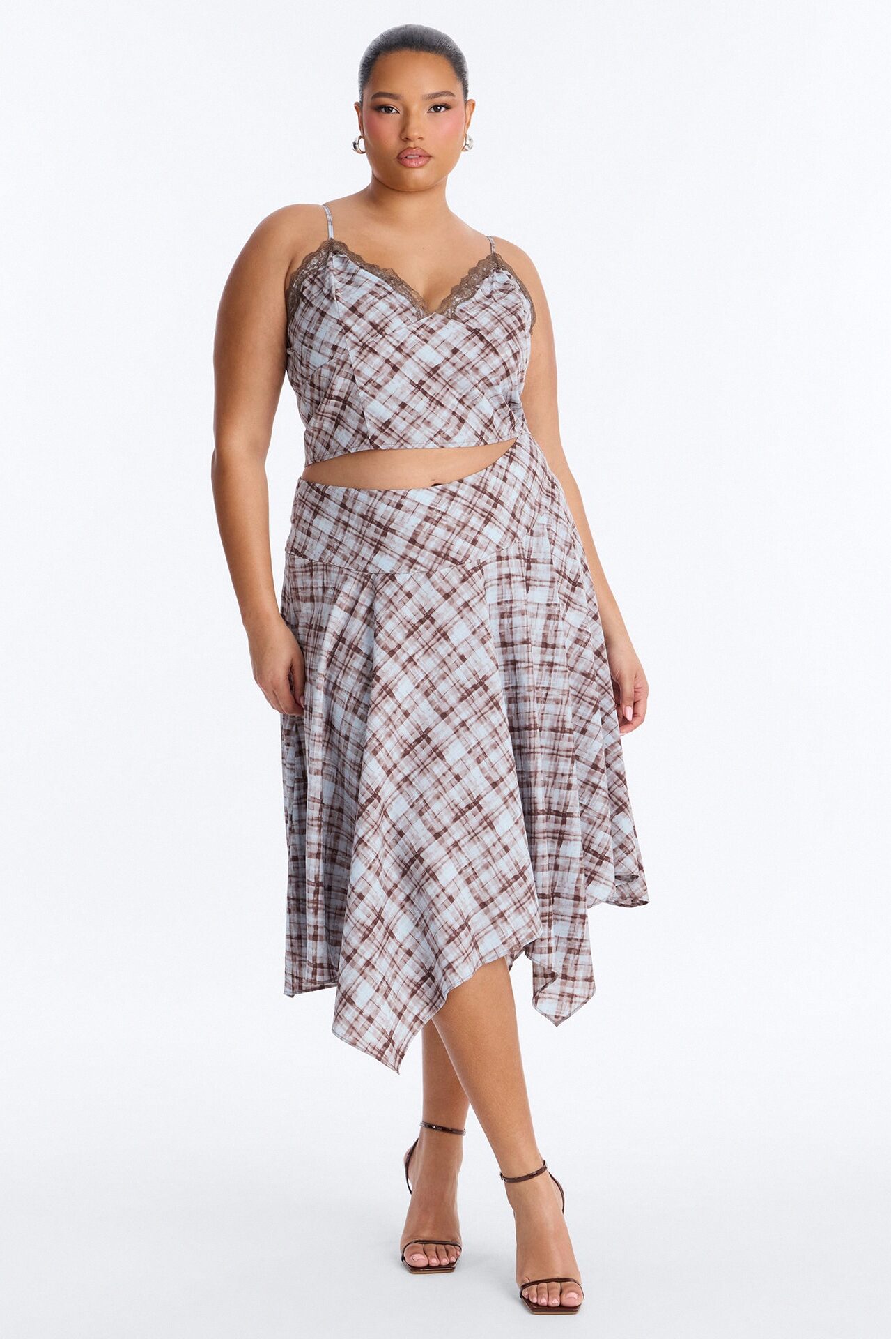 Vivienne Lace Trim Plaid Asymmetrical Skirt Set - Brown/combo