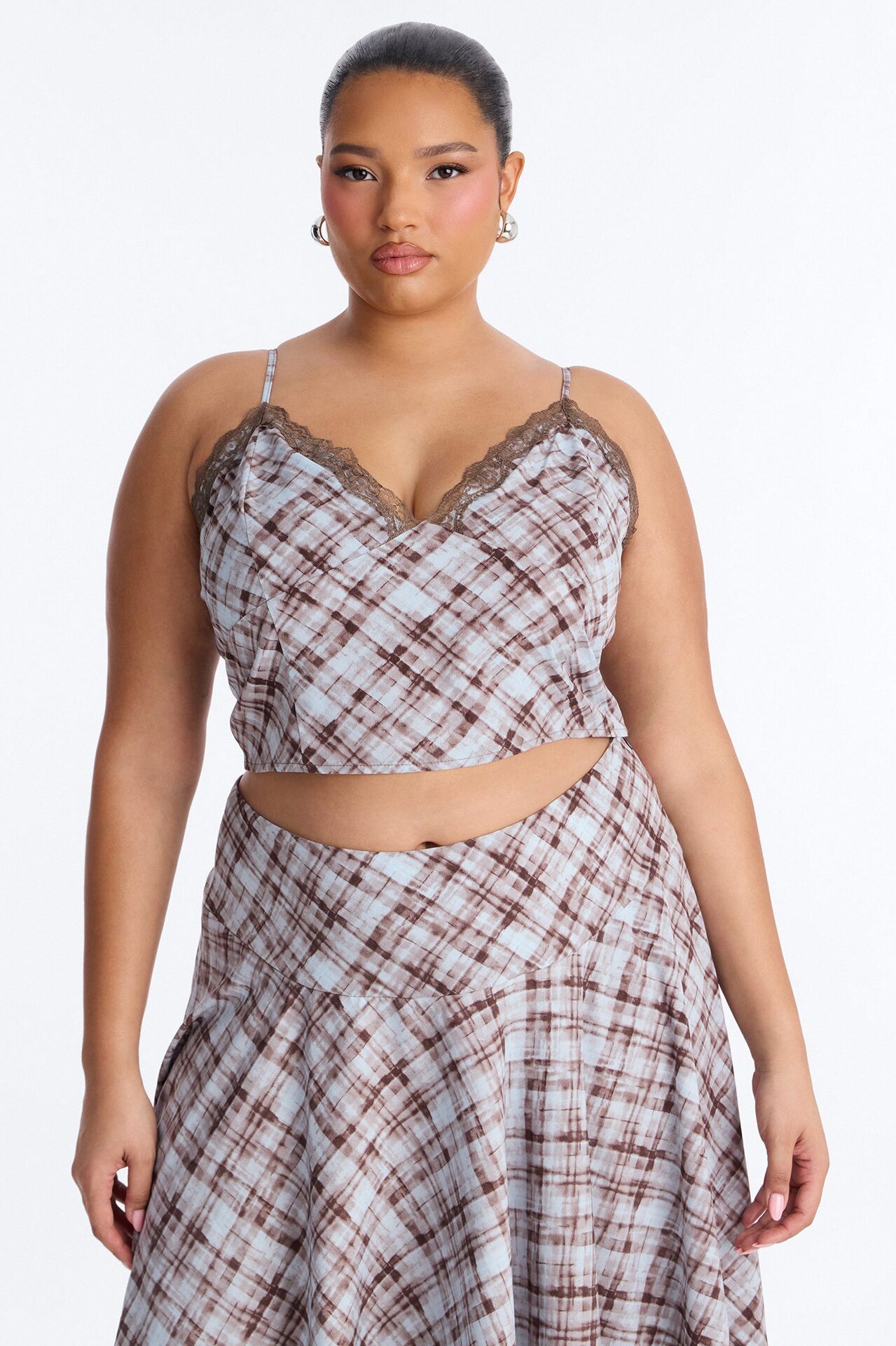 Vivienne Lace Trim Plaid Asymmetrical Skirt Set - Brown/combo