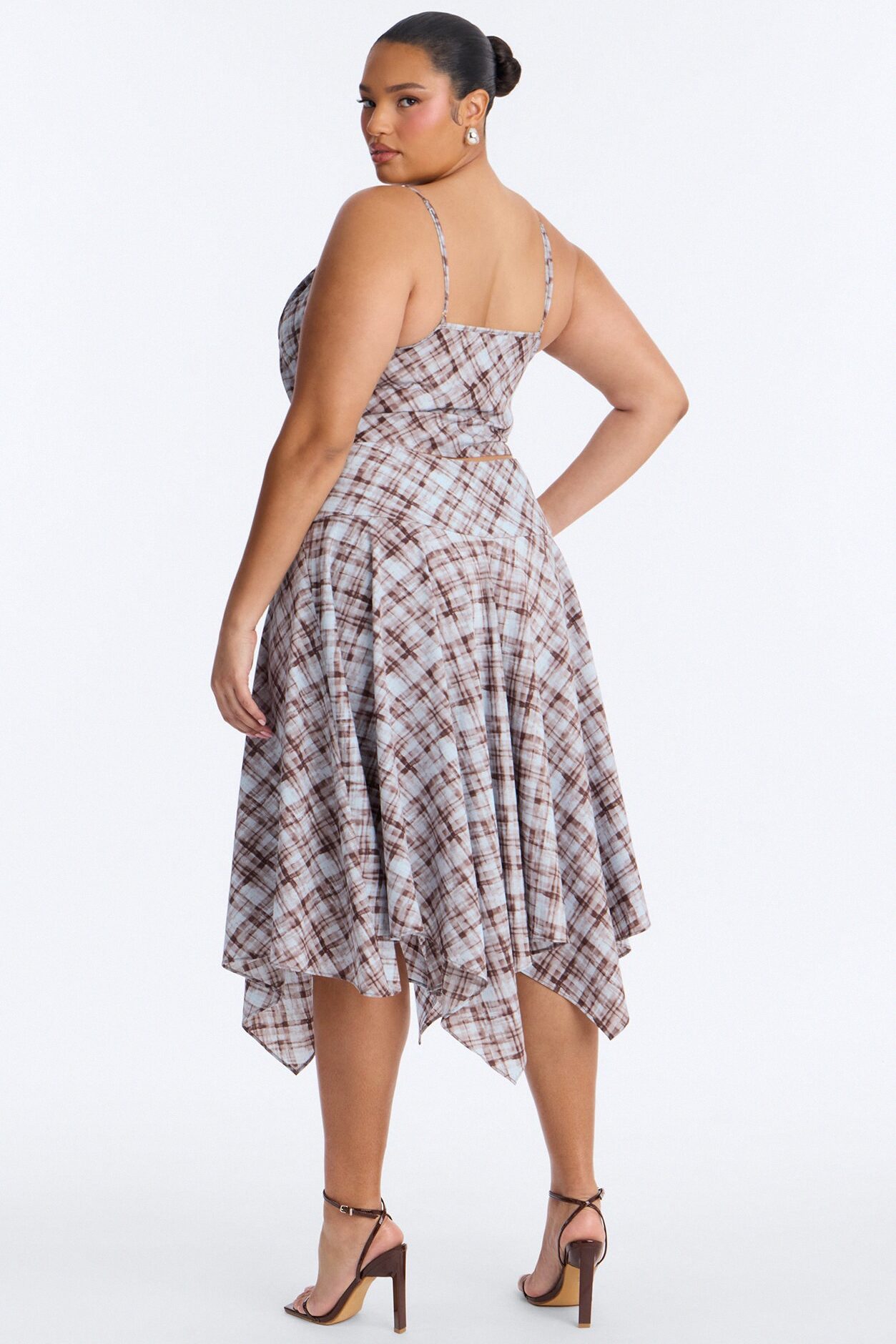 Vivienne Lace Trim Plaid Asymmetrical Skirt Set - Brown/combo