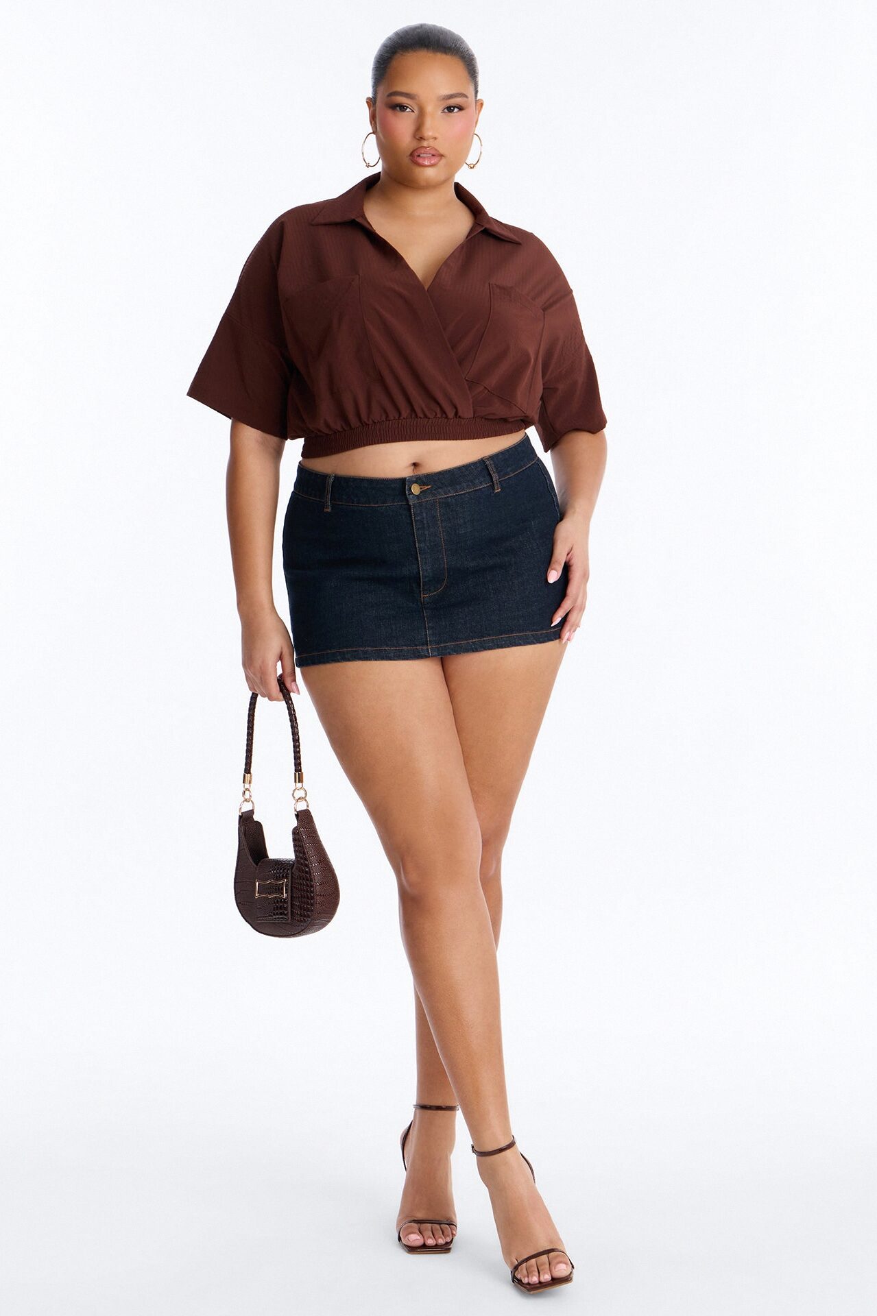 Taylor Crossover Short Sleeve Collared Blouse - Brown